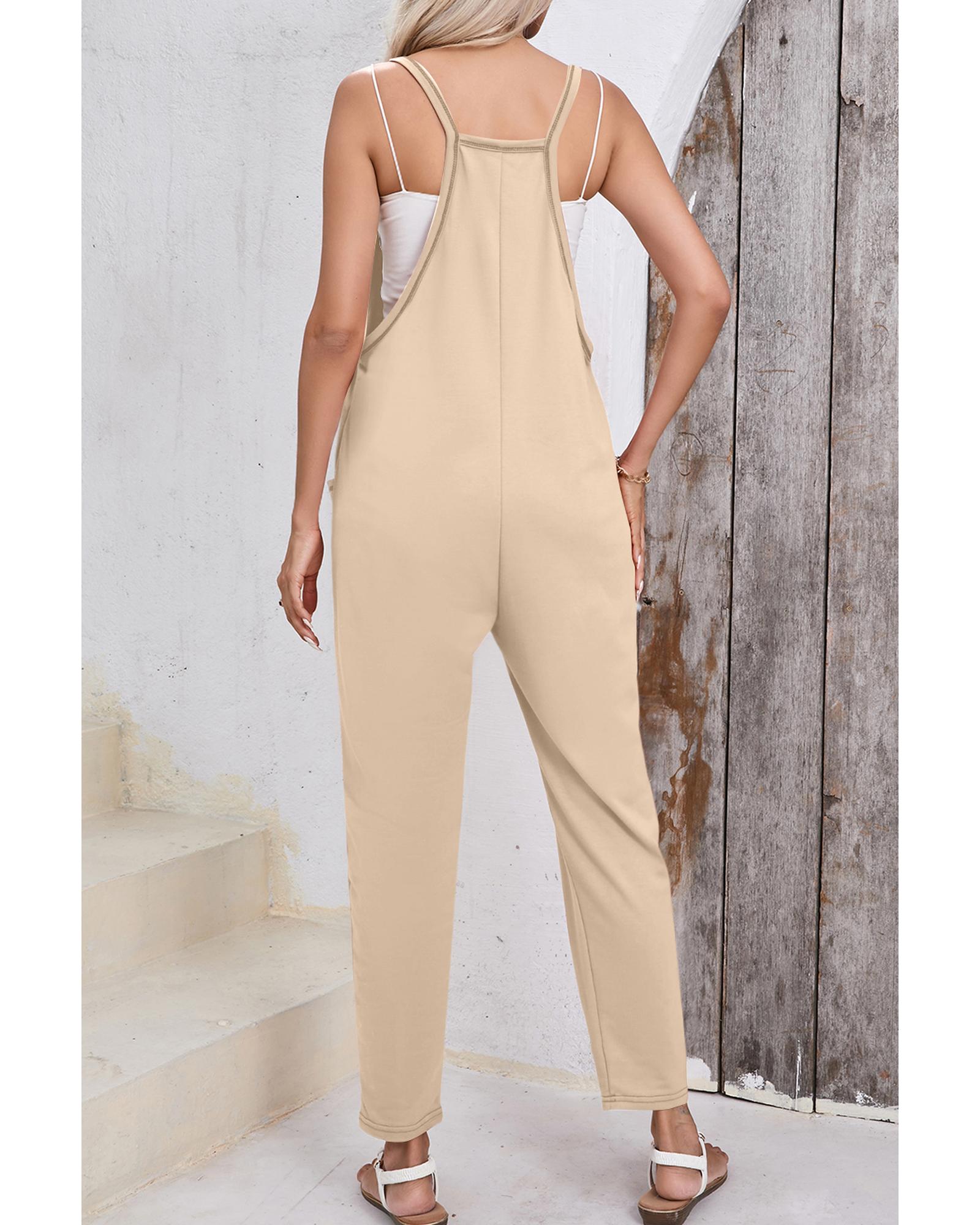Apricot Side Pockets Harem Pants Sleeveless V Neck Jumpsuit - L