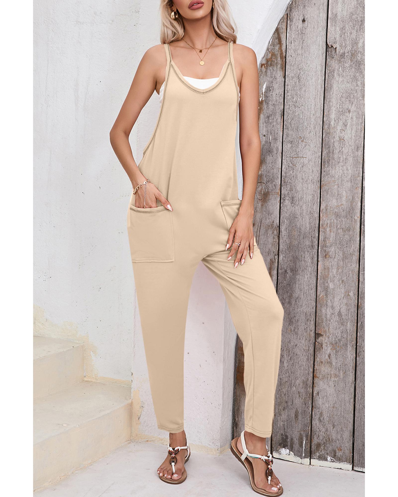 Apricot Side Pockets Harem Pants Sleeveless V Neck Jumpsuit - L