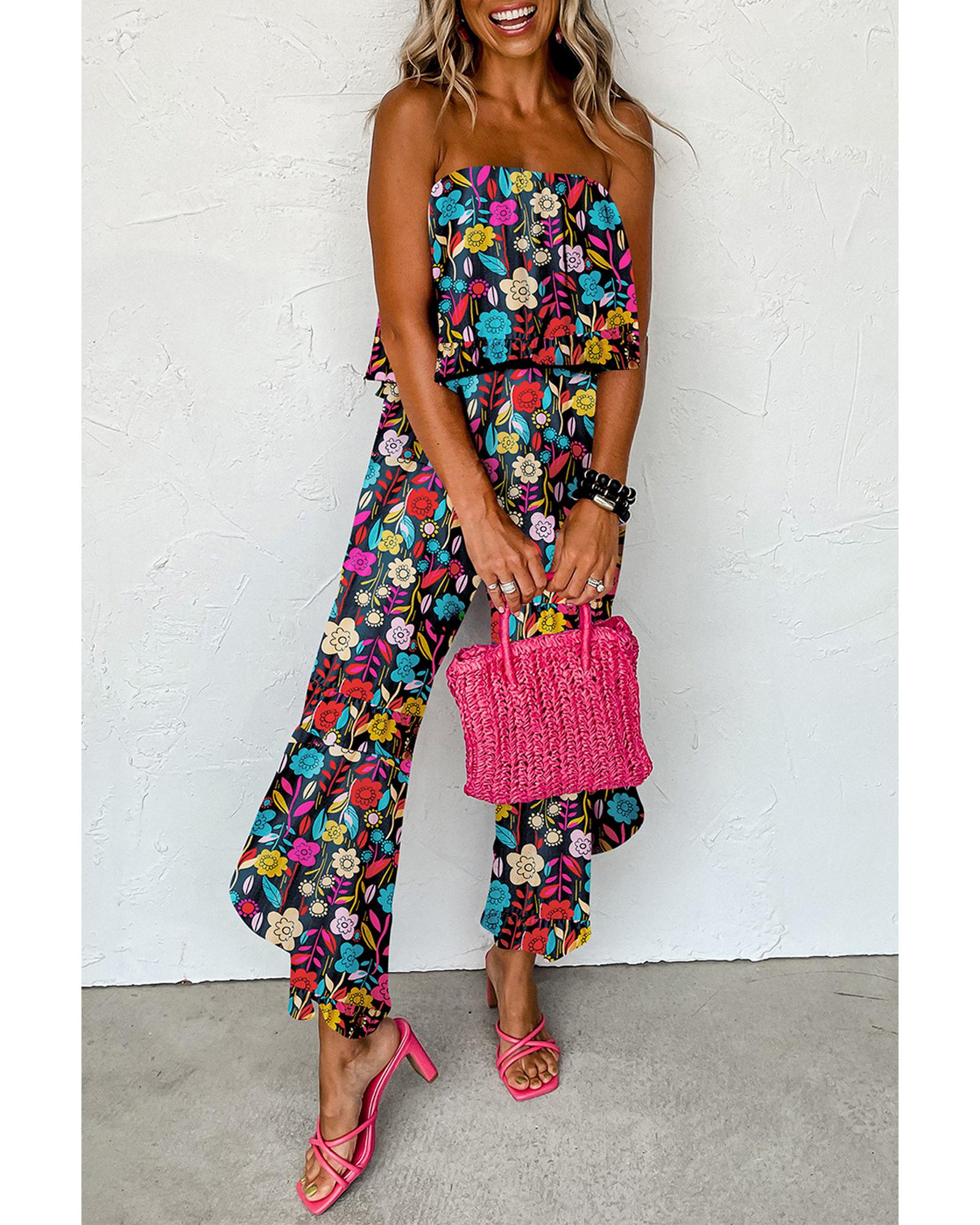 Red Mix Tropical Print Strapless Ruffled Jumpsuit - S