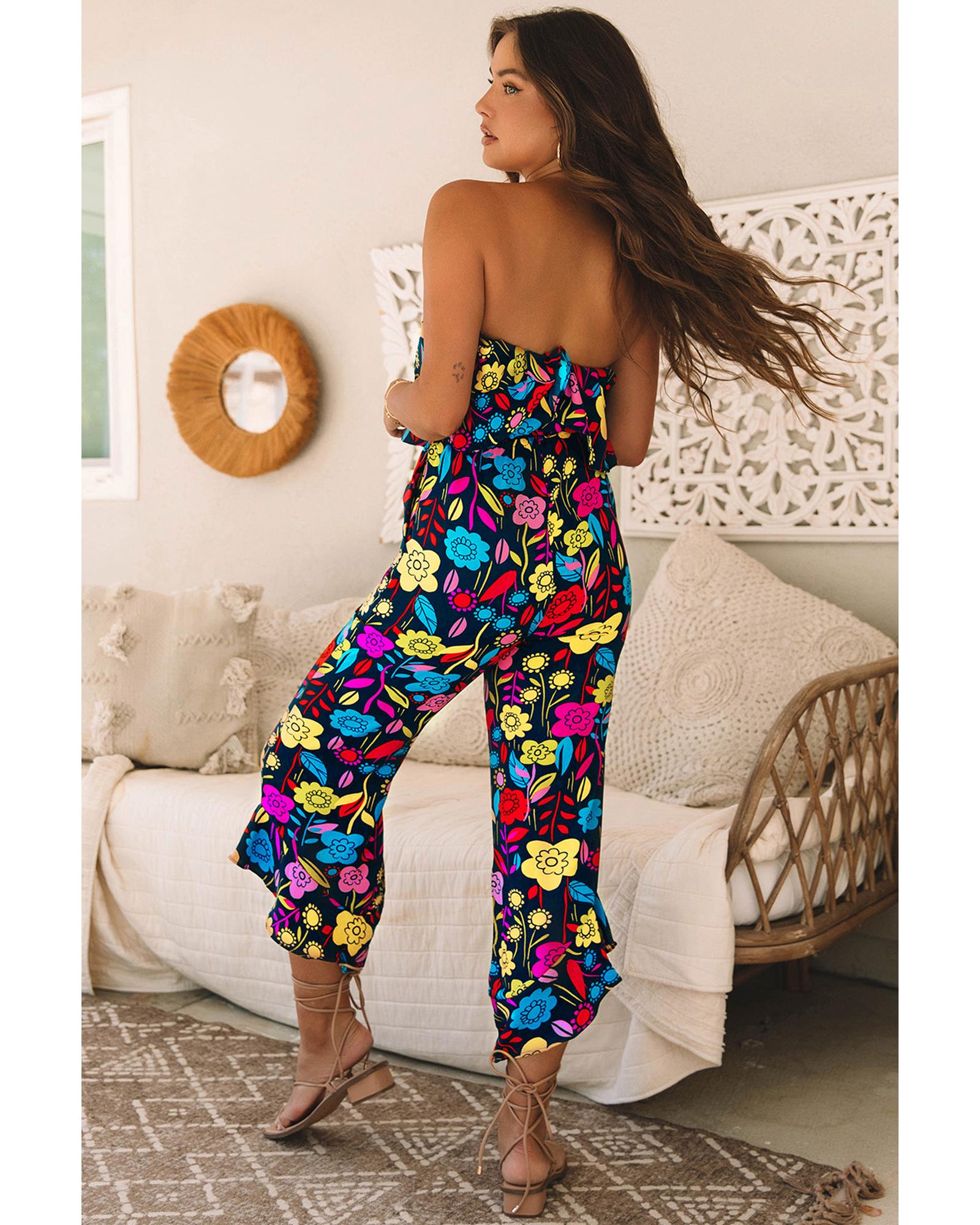 Red Mix Tropical Print Strapless Ruffled Jumpsuit - S