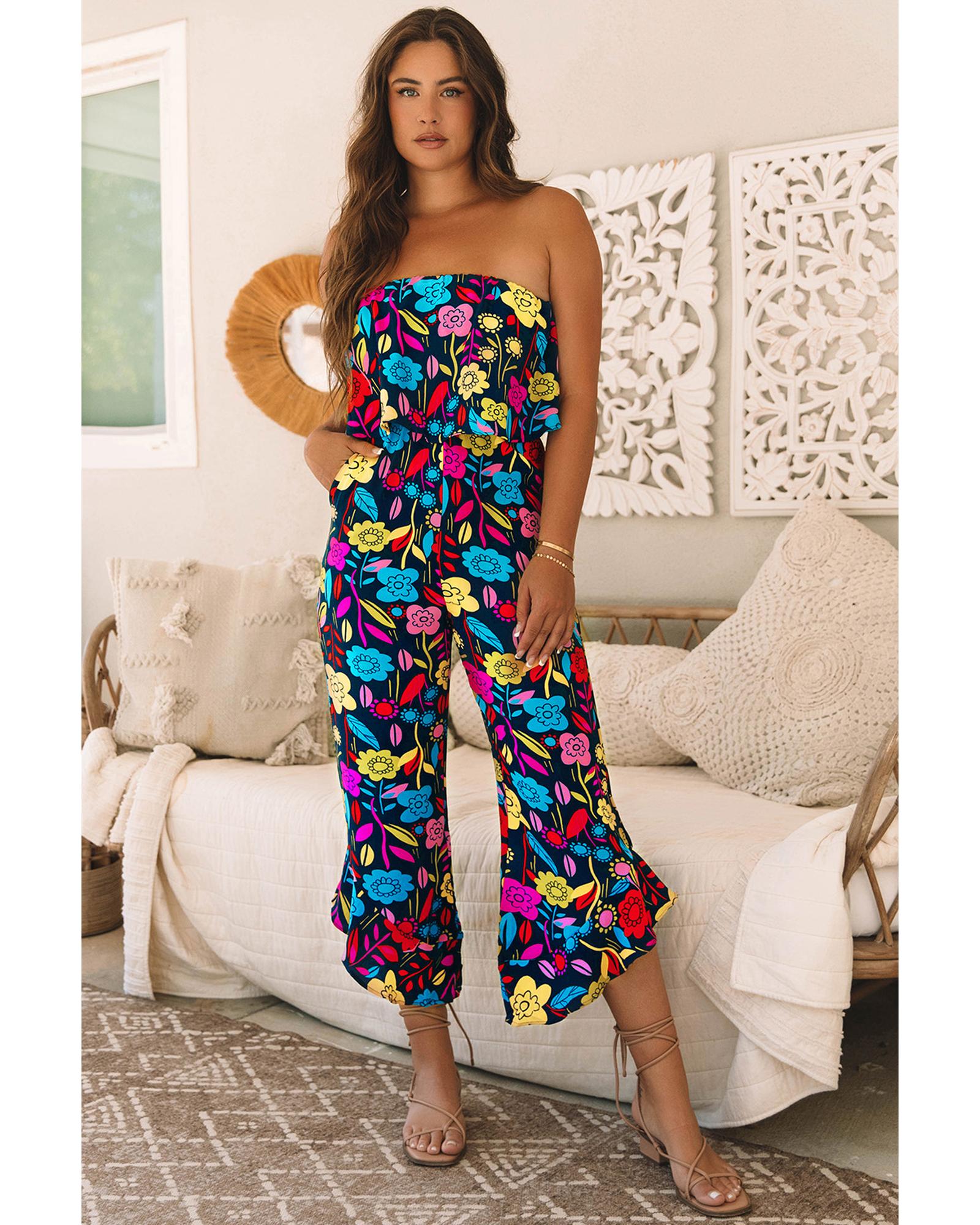 Red Mix Tropical Print Strapless Ruffled Jumpsuit - S