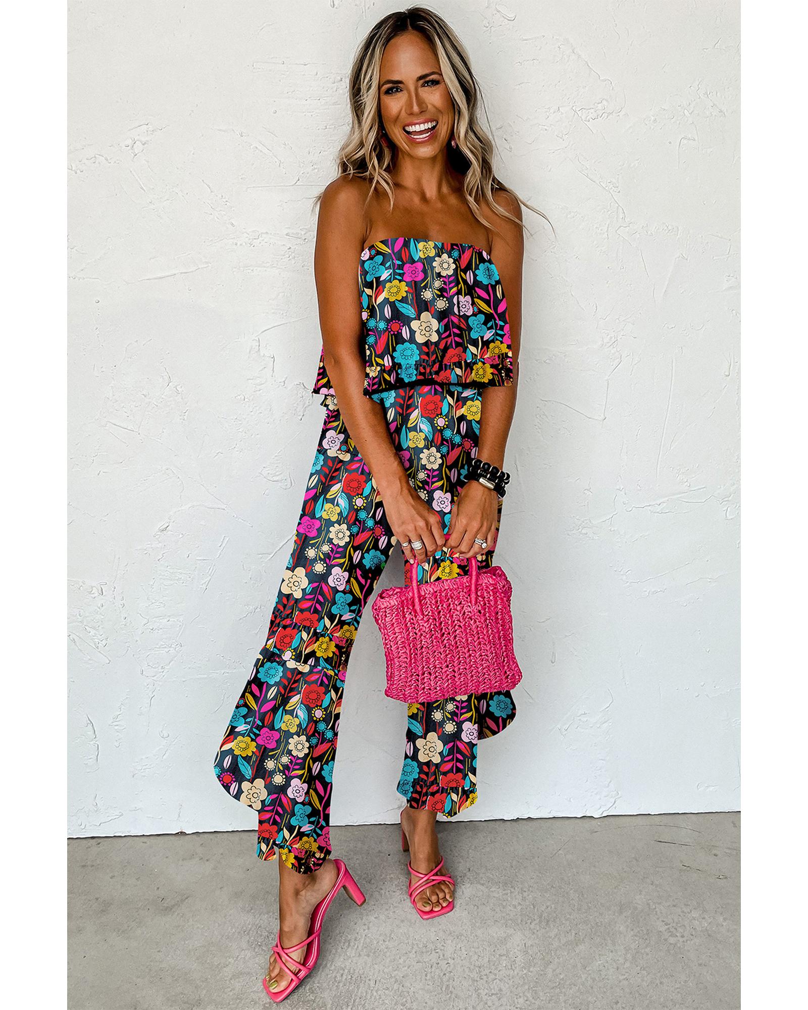 Red Mix Tropical Print Strapless Ruffled Jumpsuit - XL