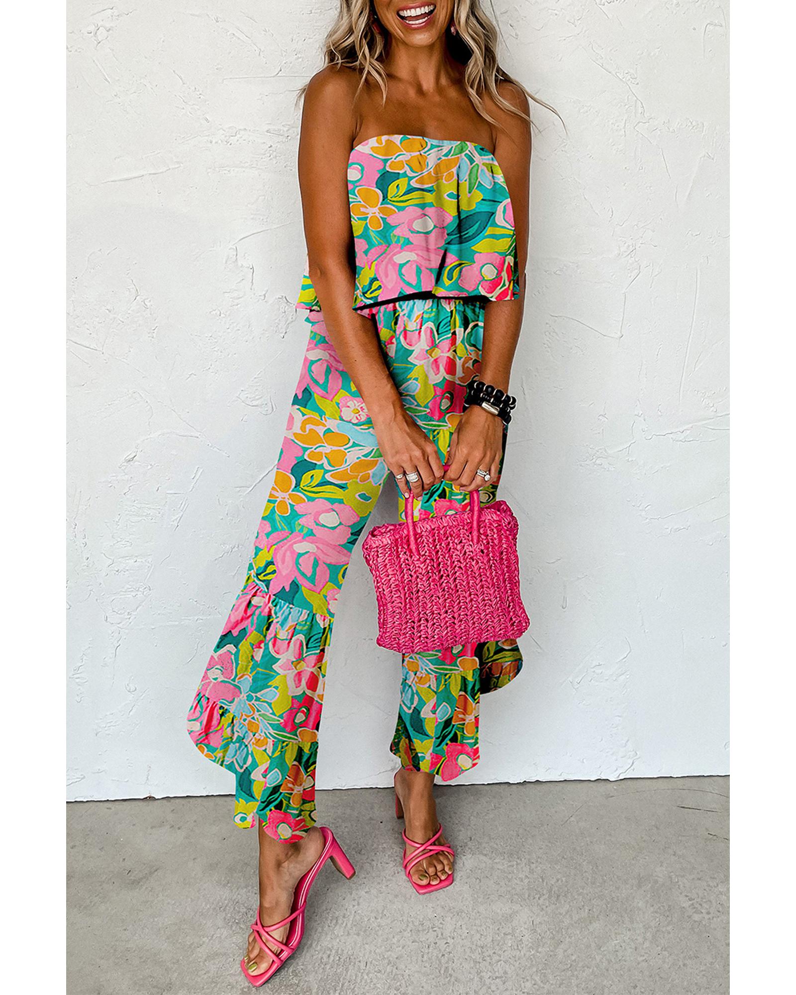 Green Mix Tropical Print Strapless Ruffled Jumpsuit - XL