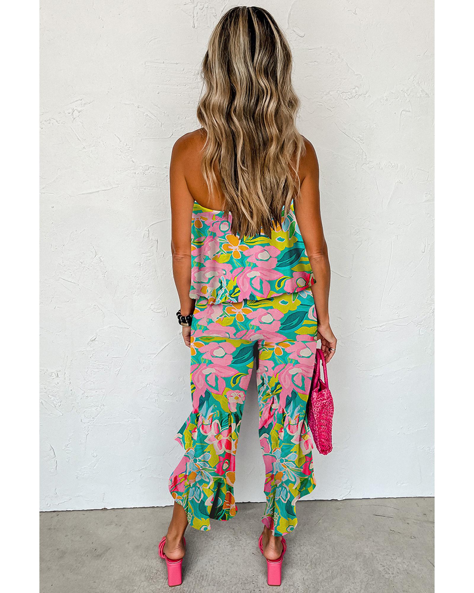 Green Mix Tropical Print Strapless Ruffled Jumpsuit - XL