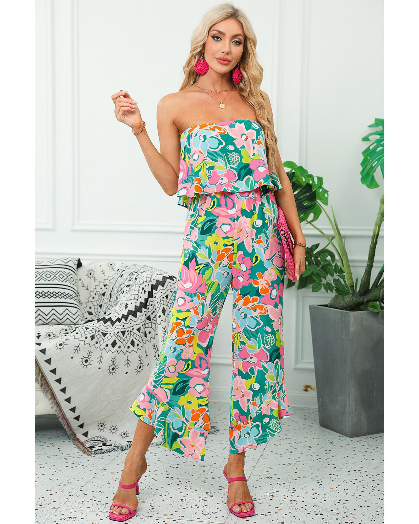 Green Mix Tropical Print Strapless Ruffled Jumpsuit - XL