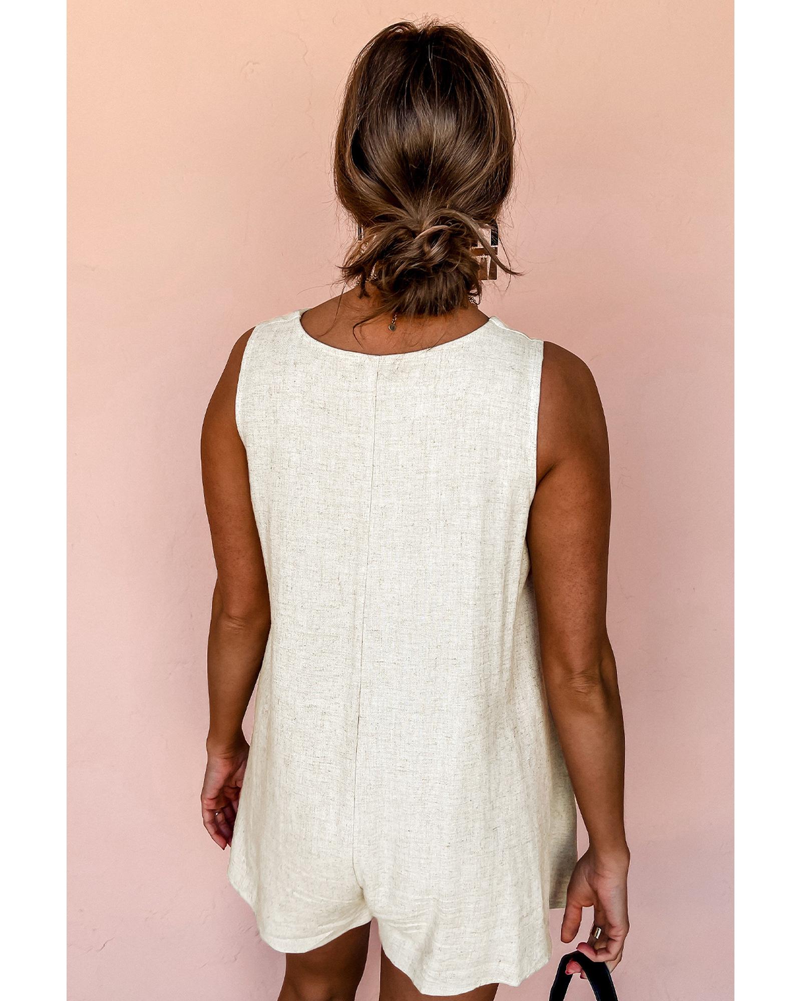 Beige Sleeveless V Neck Buttoned Front Chest Pocket Romper - L