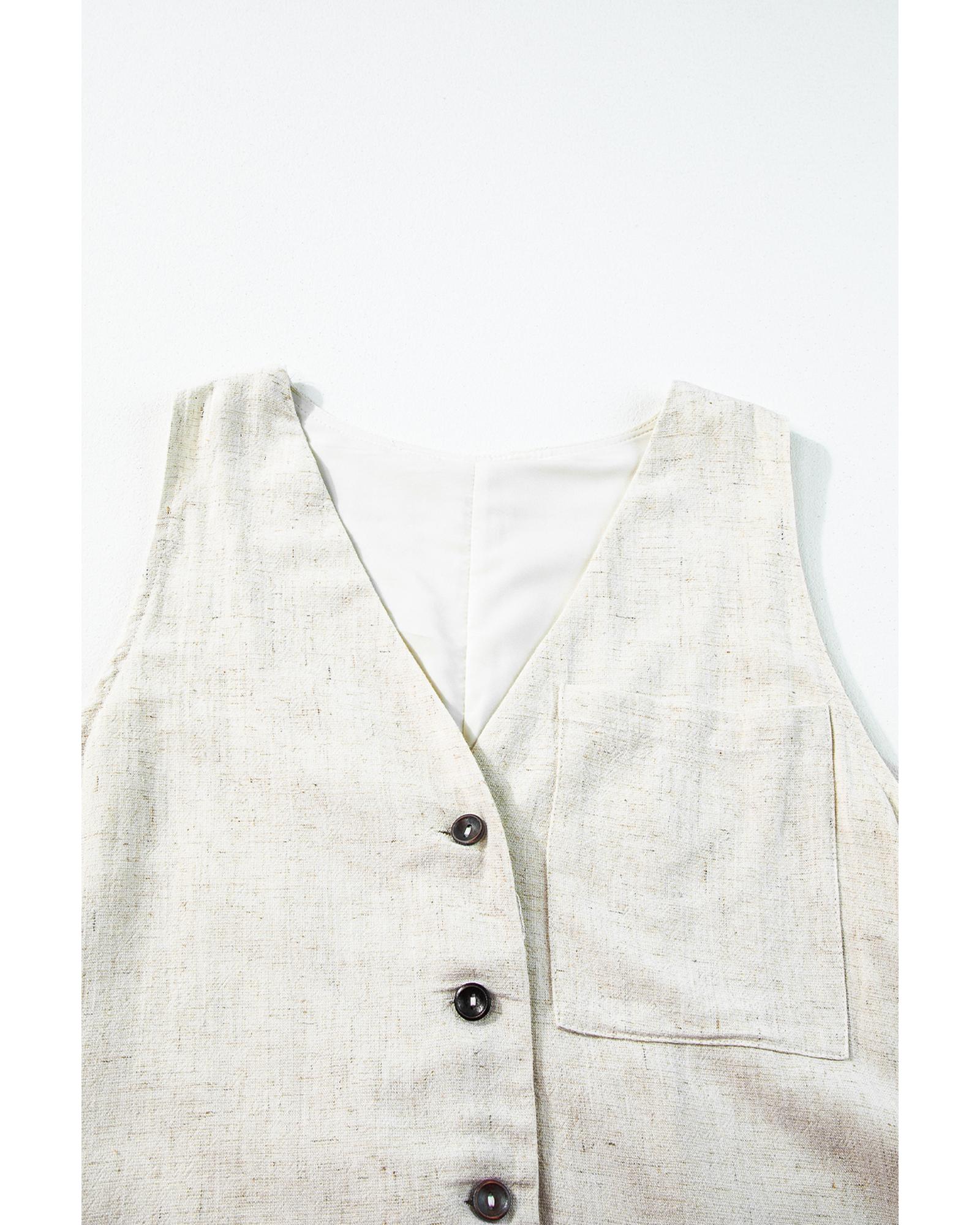 Beige Sleeveless V Neck Buttoned Front Chest Pocket Romper - L