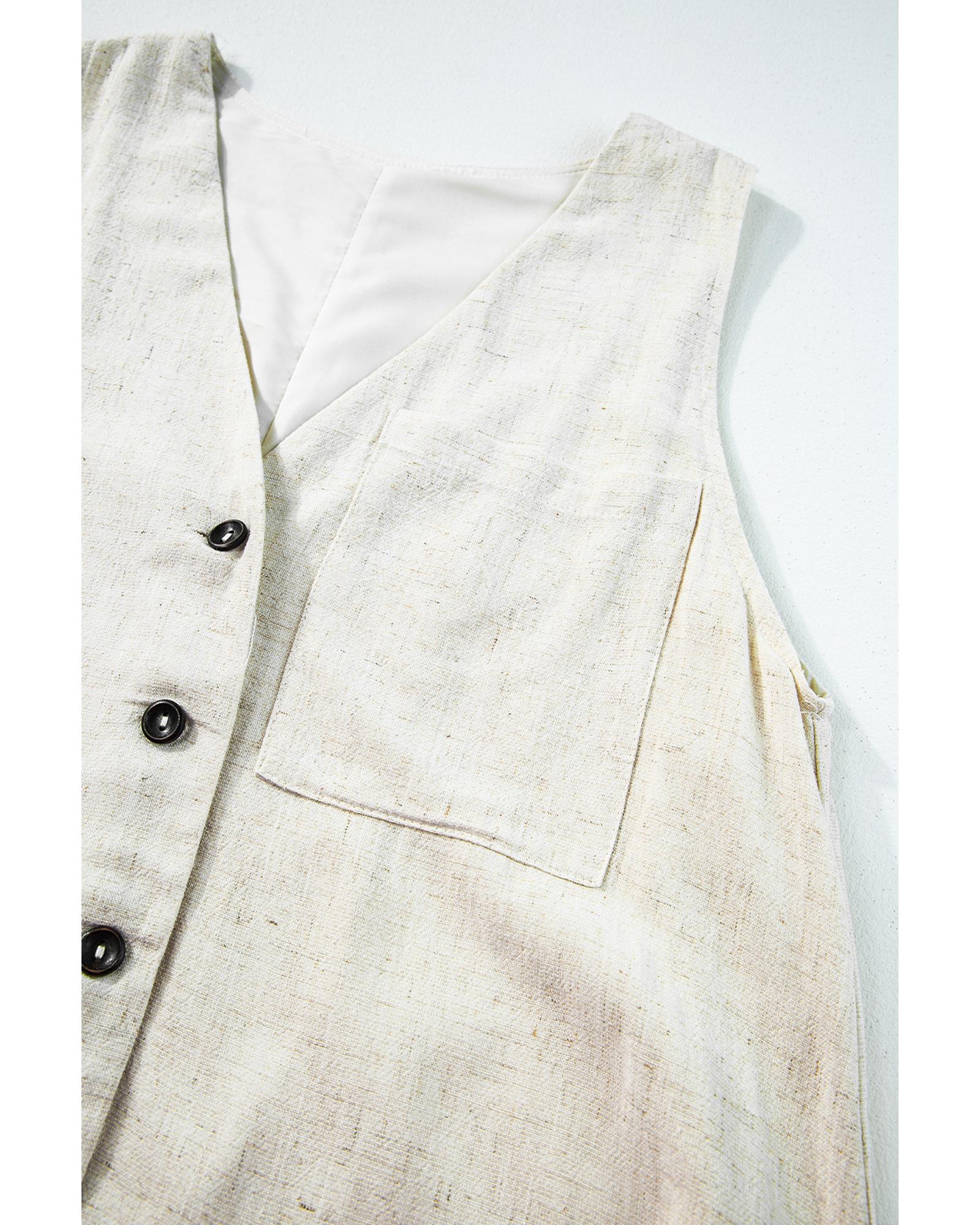 Beige Sleeveless V Neck Buttoned Front Chest Pocket Romper - XL