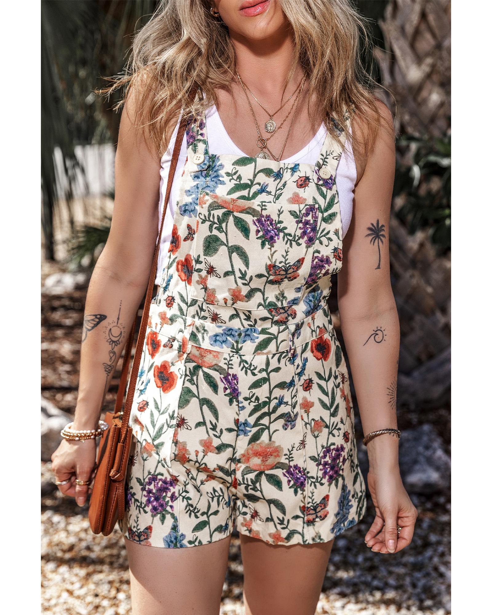 Beige Floral Print Bib Open Back Romper - XL