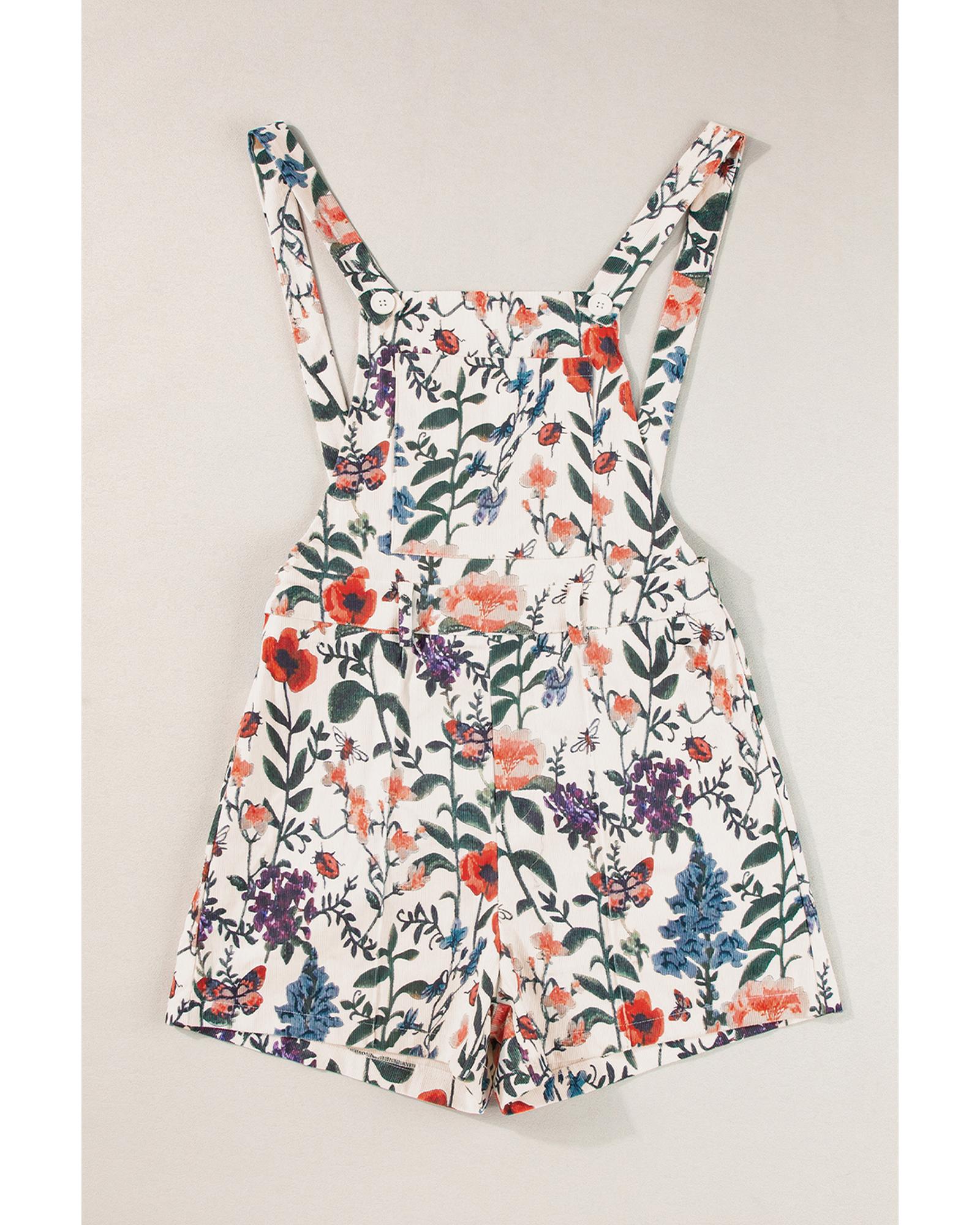 Beige Floral Print Bib Open Back Romper - XL