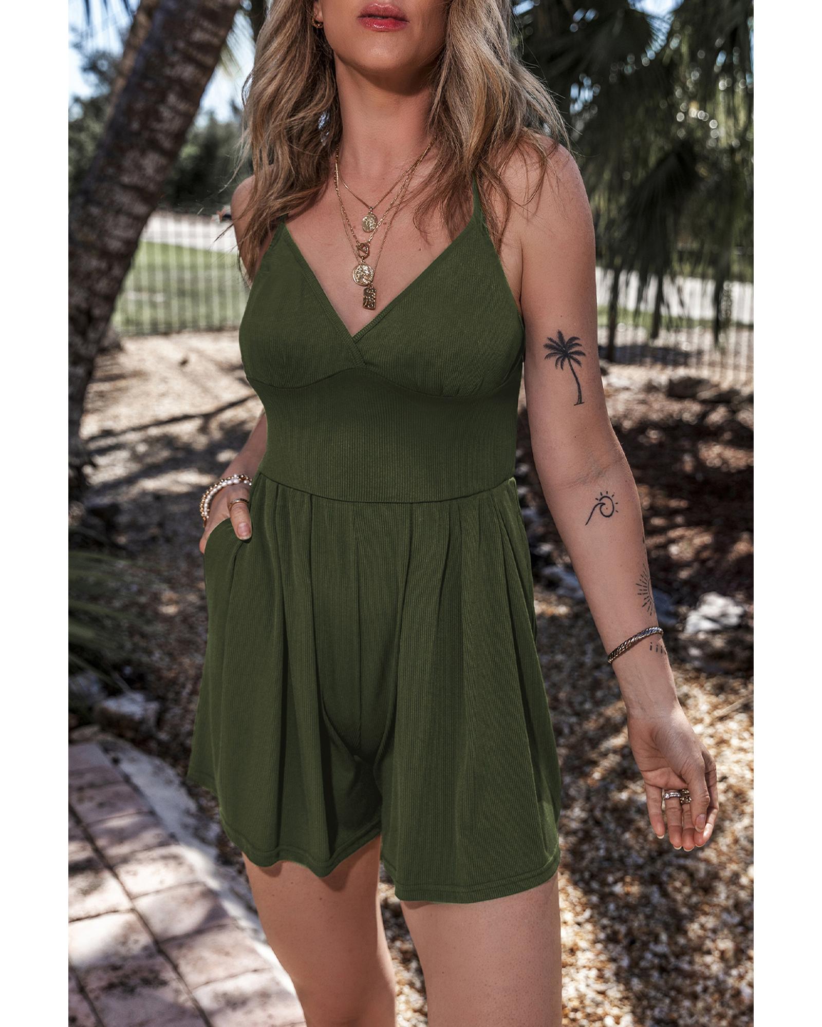 Moss Green Spaghetti Straps Cinched Waist Ribbed Romper - M