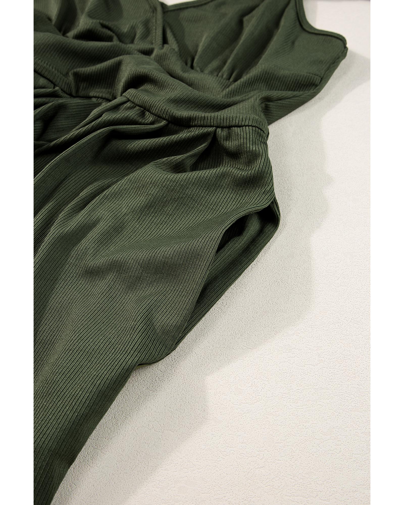 Moss Green Spaghetti Straps Cinched Waist Ribbed Romper - M