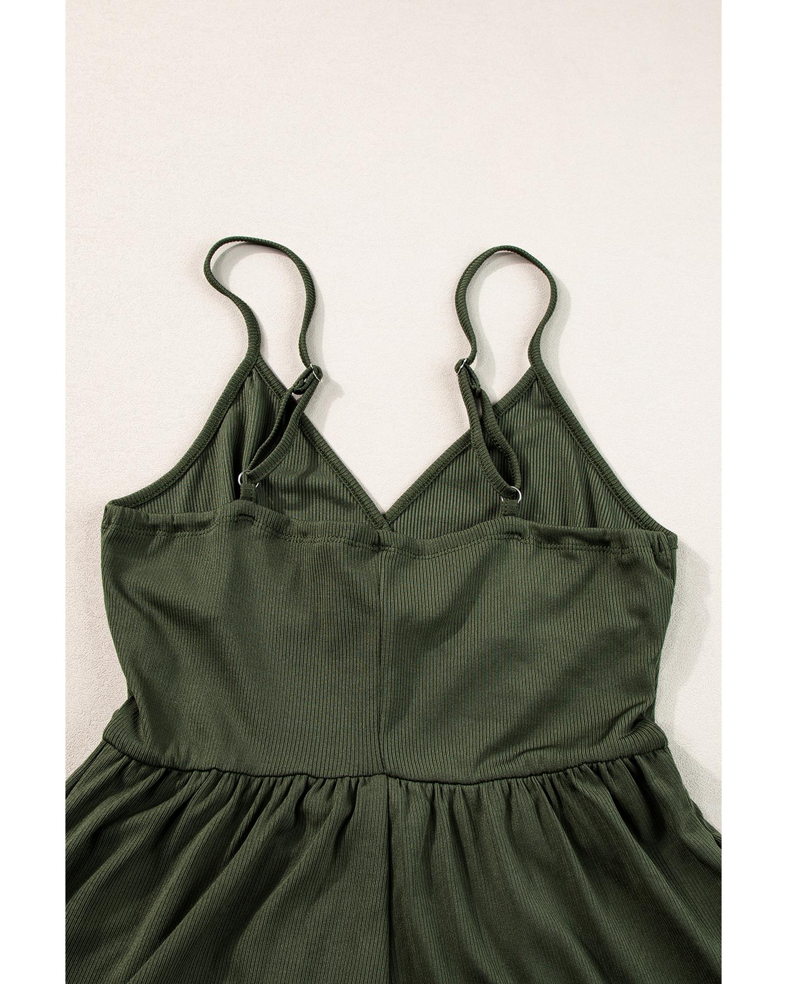 Moss Green Spaghetti Straps Cinched Waist Ribbed Romper - M