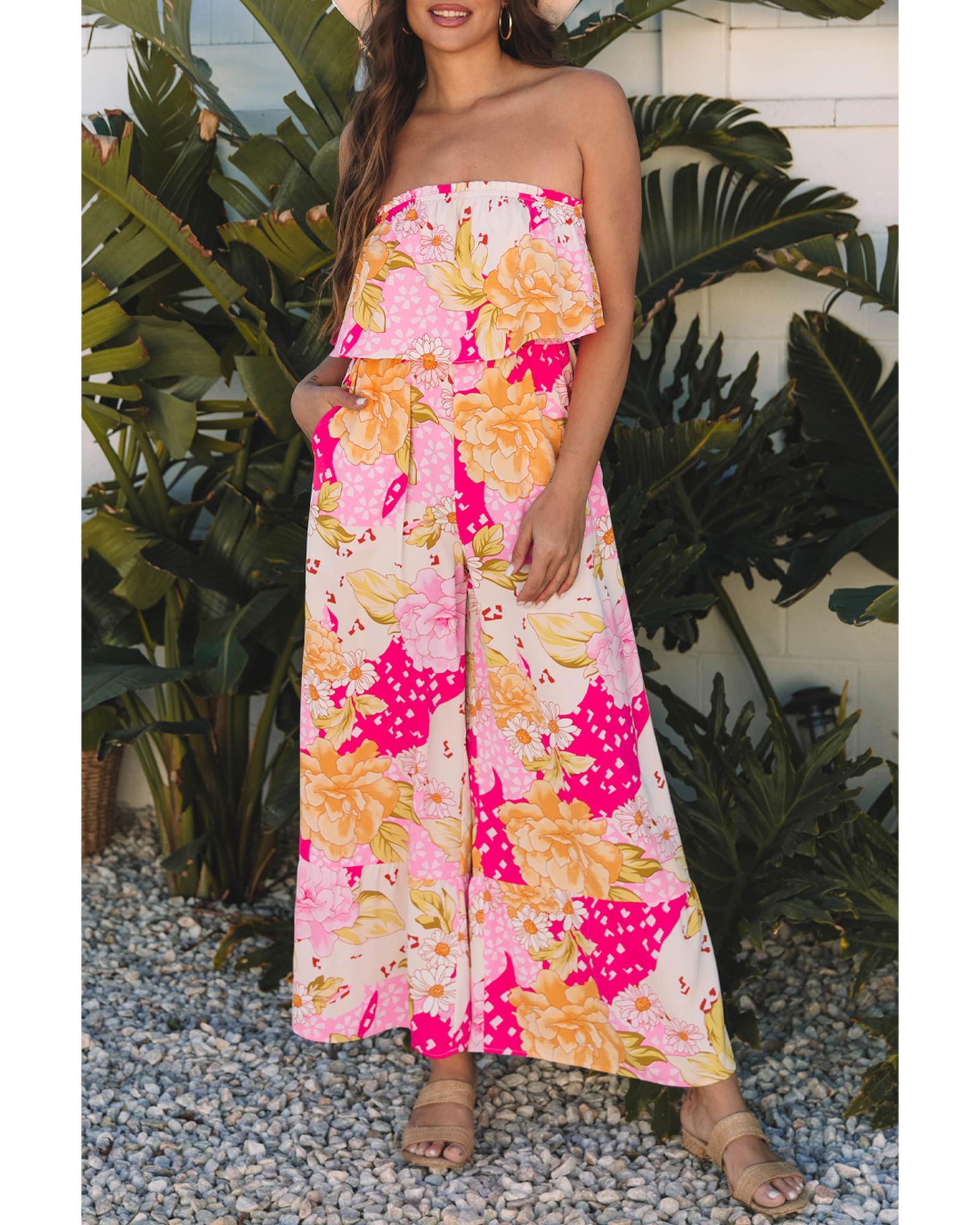 Multicolour Floral Print Ruffled High Waist Tube Top Loose Jumpsuit - L