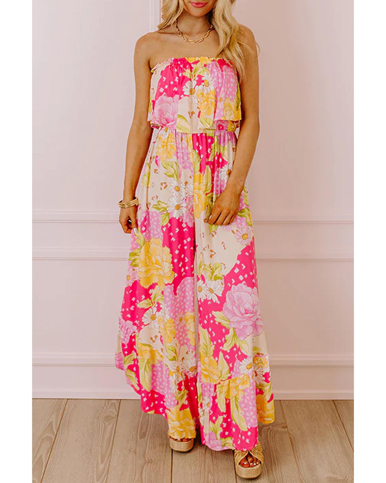 Multicolour Floral Print Ruffled High Waist Tube Top Loose Jumpsuit - L