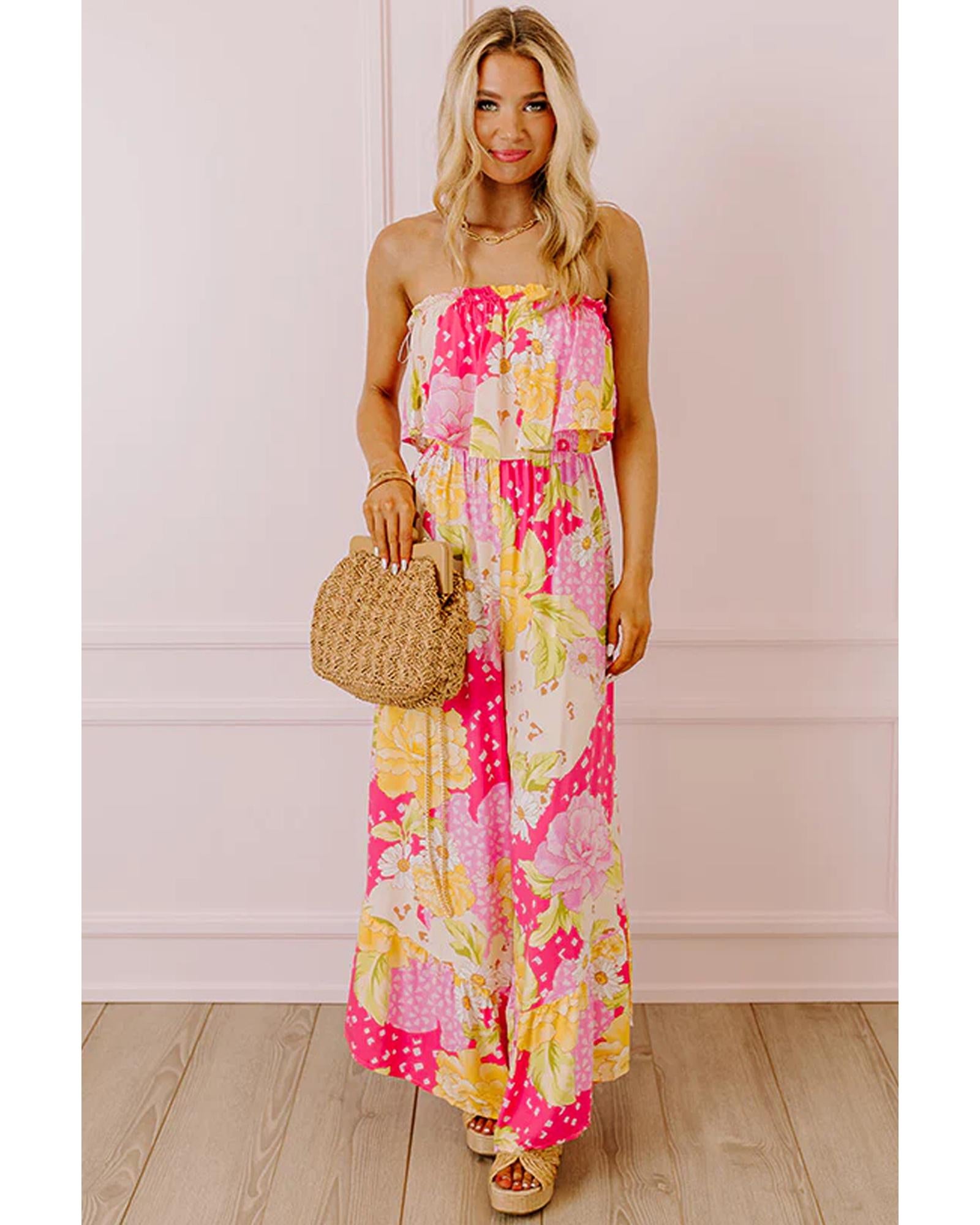 Multicolour Floral Print Ruffled High Waist Tube Top Loose Jumpsuit - L
