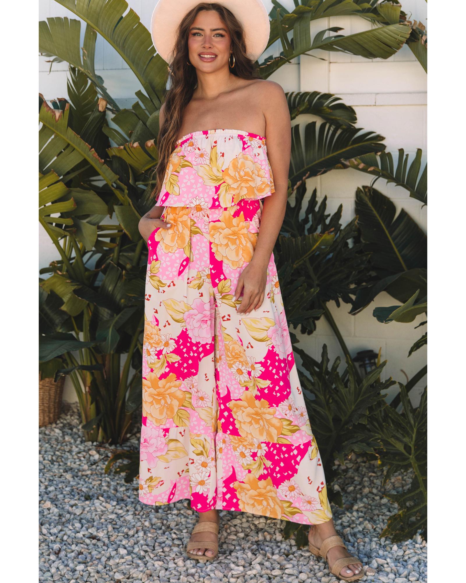 Multicolour Floral Print Ruffled High Waist Tube Top Loose Jumpsuit - M
