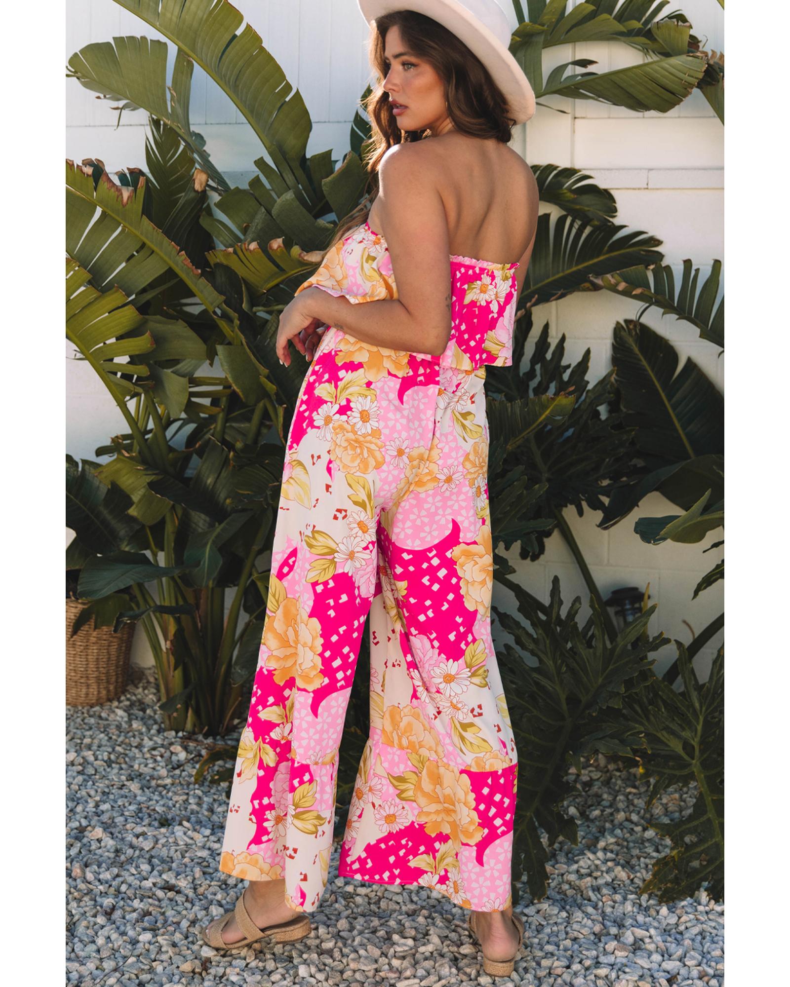 Multicolour Floral Print Ruffled High Waist Tube Top Loose Jumpsuit - M