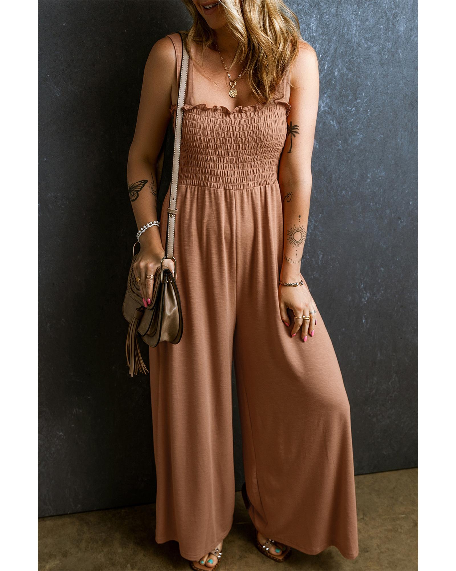 Dusty Pink Ruffled Shirred Wide Leg Sleeveless Jumpsuit - M