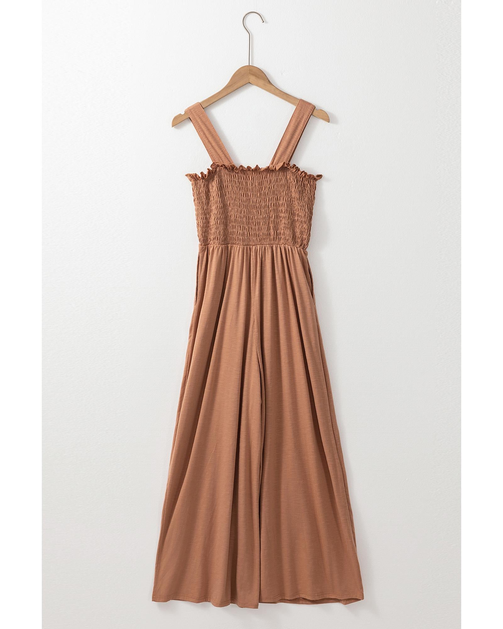Dusty Pink Ruffled Shirred Wide Leg Sleeveless Jumpsuit - M