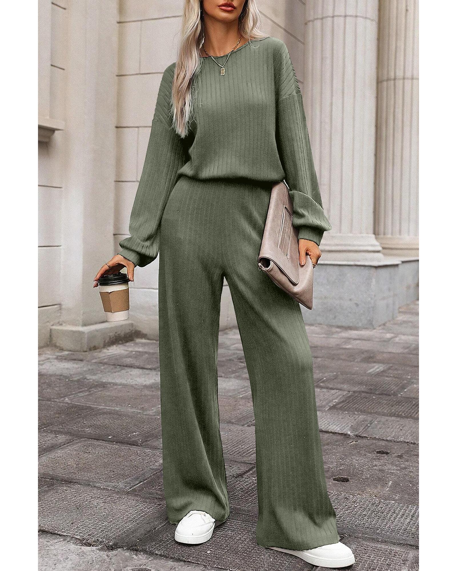 Laurel Green Solid Ribbed Knit Keyhole Back High Waist Jumpsuit - S