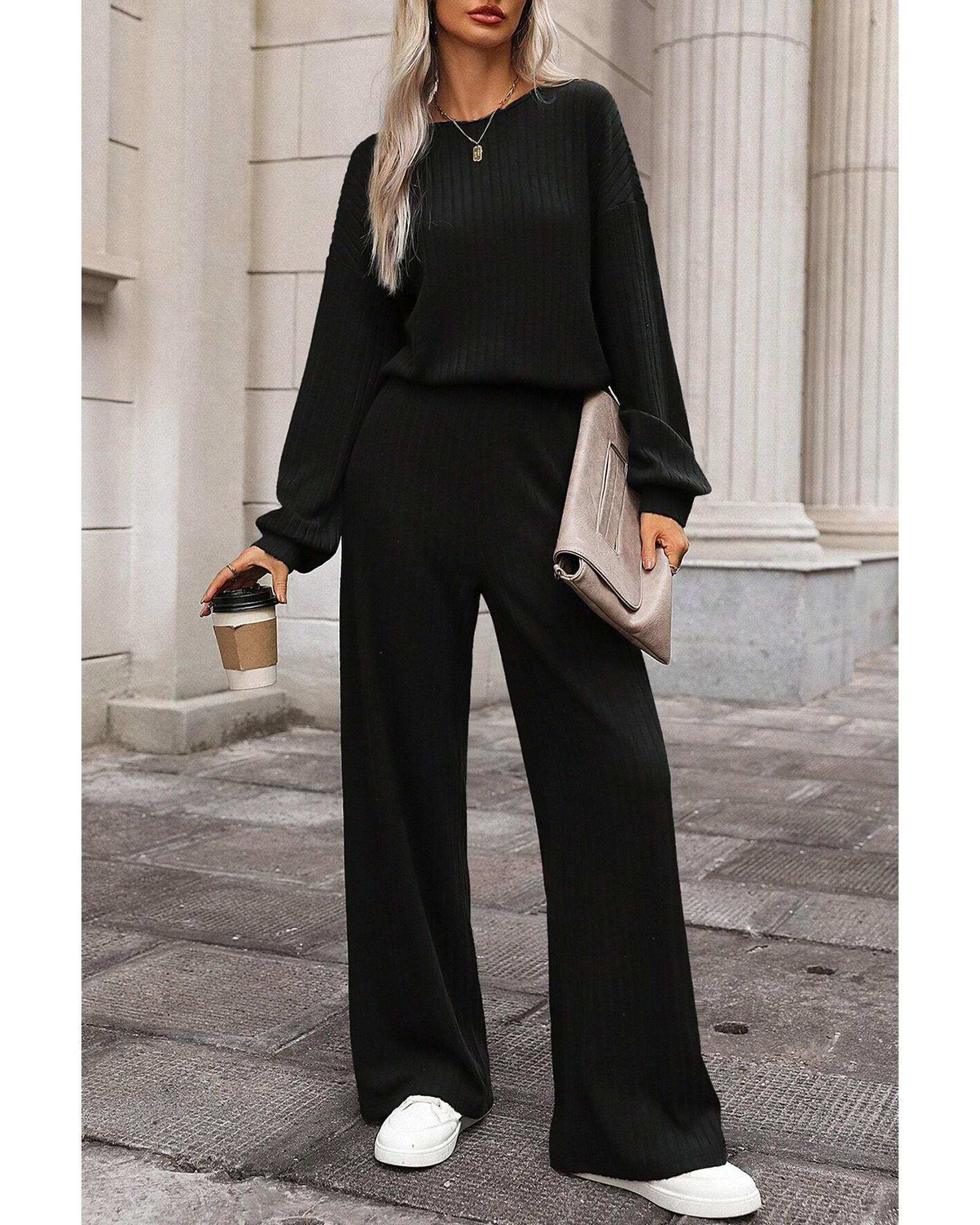 Black Solid Ribbed Knit Keyhole Back High Waist Jumpsuit - S