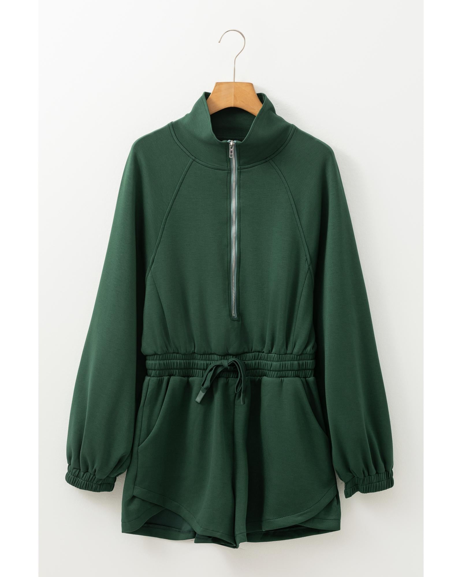 Blackish Green Collared Half Zip French Terry Knit Drawstring Casual Romper - S