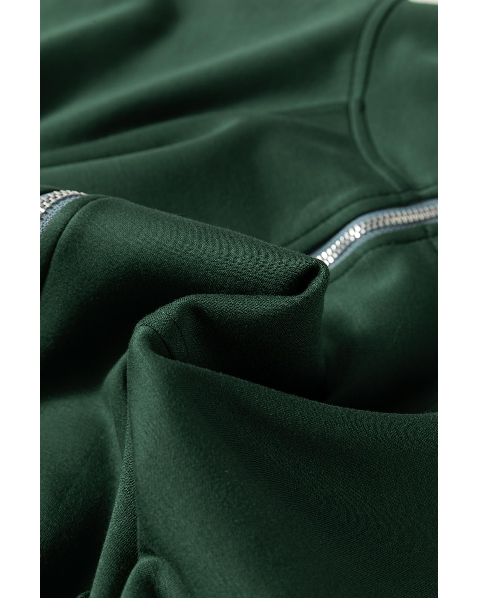 Blackish Green Collared Half Zip French Terry Knit Drawstring Casual Romper - S