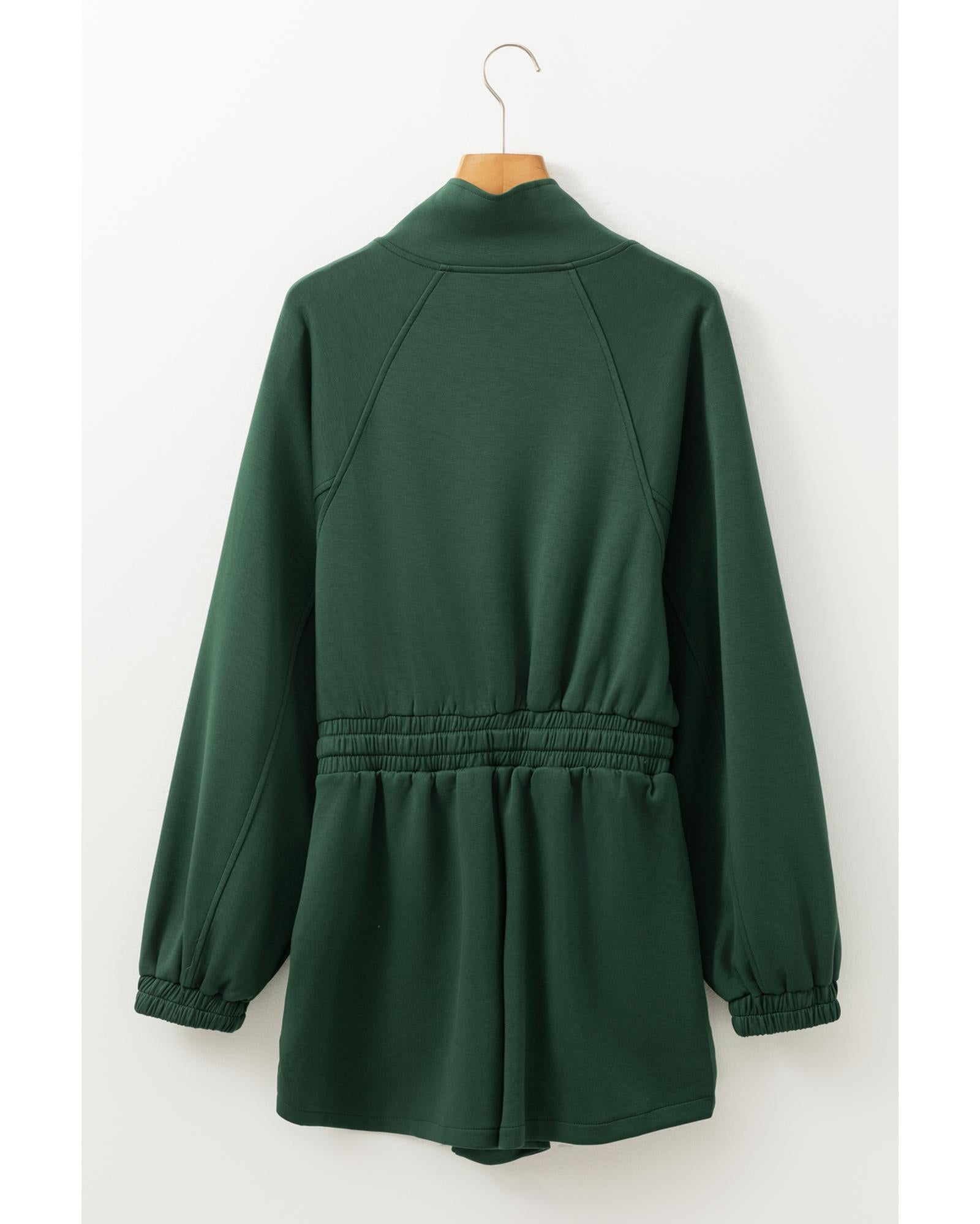 Blackish Green Collared Half Zip French Terry Knit Drawstring Casual Romper - XL
