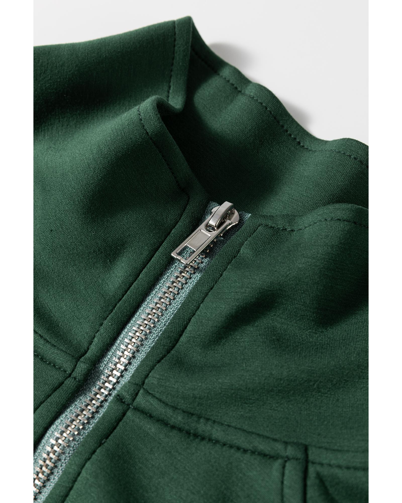 Blackish Green Collared Half Zip French Terry Knit Drawstring Casual Romper - XL