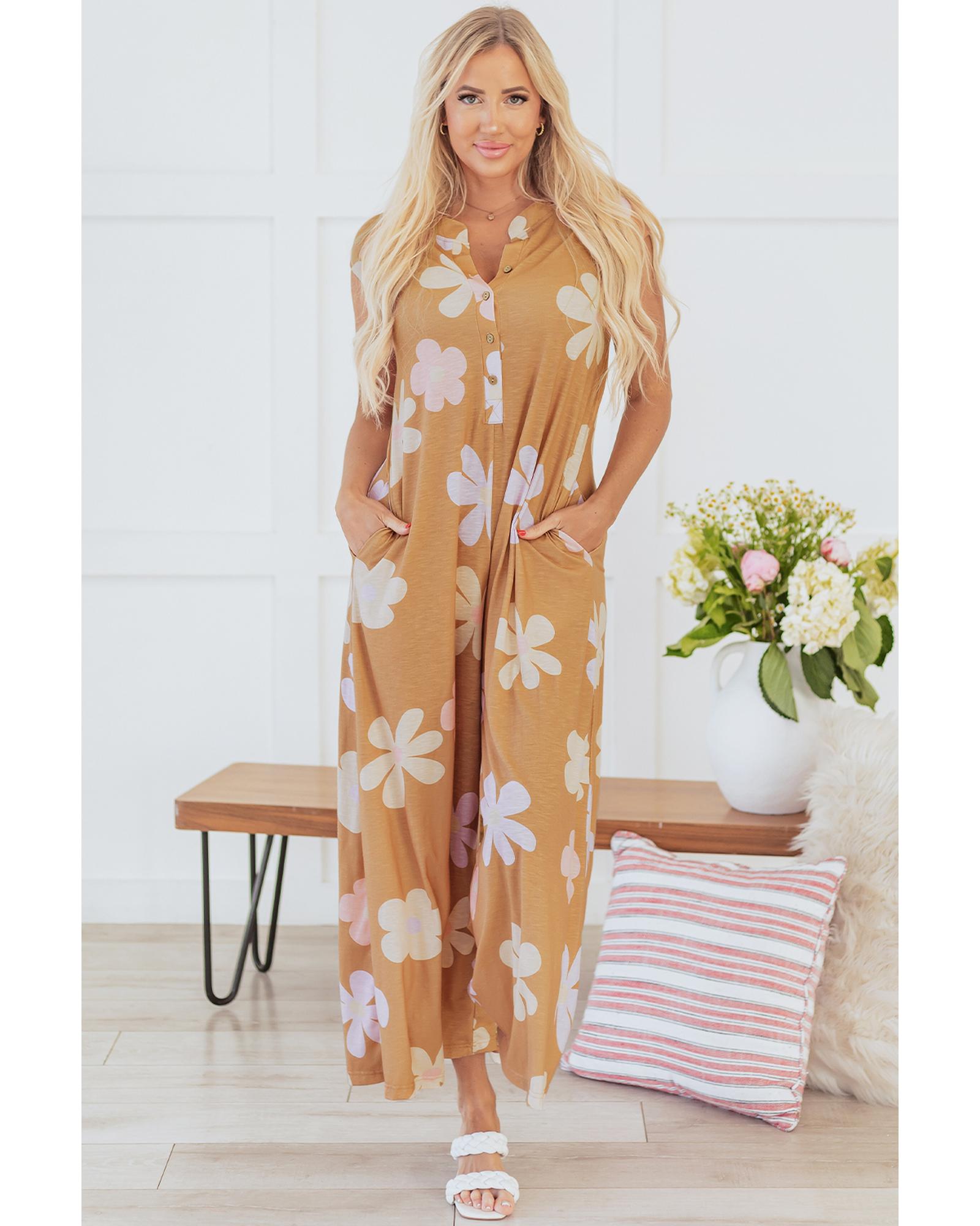 Khaki Floral Print Sleeveless Button up Wide Leg Loose Jumpsuit - M