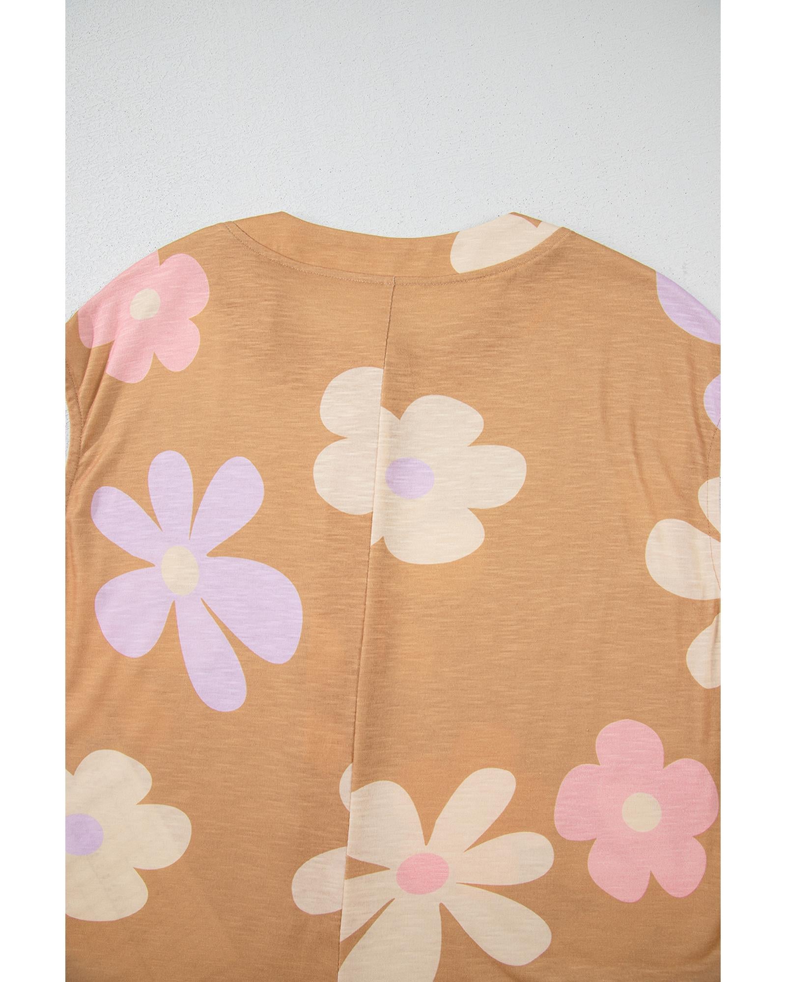 Khaki Floral Print Sleeveless Button up Wide Leg Loose Jumpsuit - M