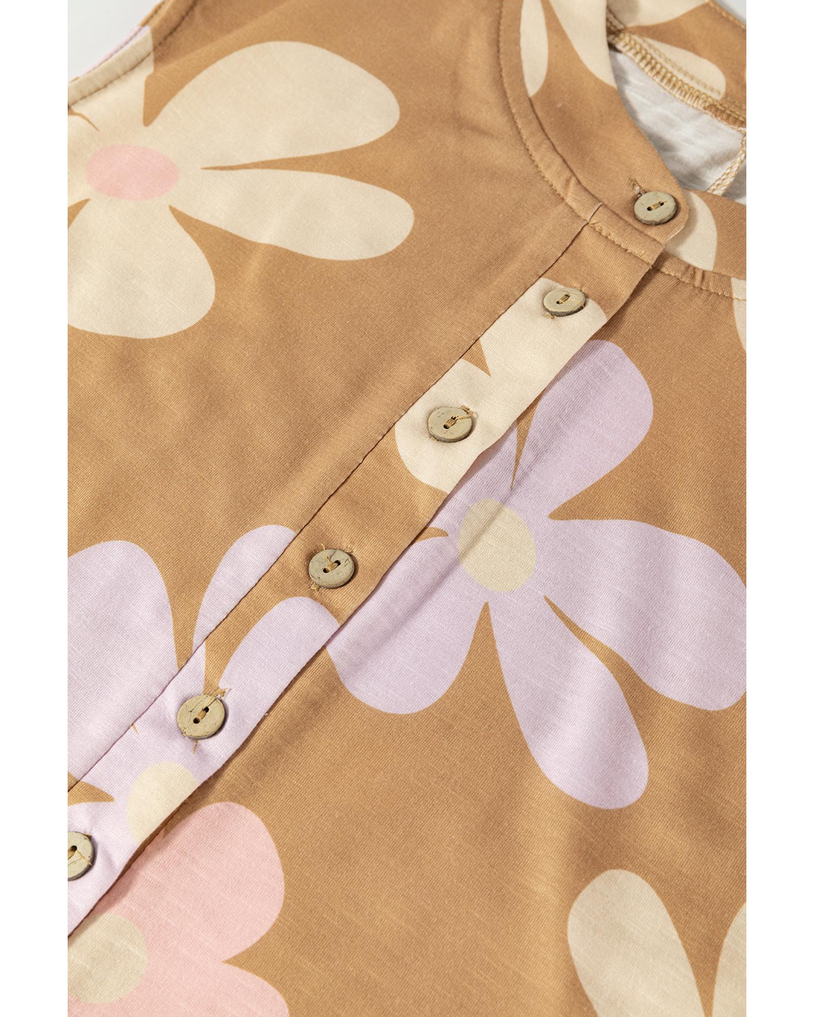 Khaki Floral Print Sleeveless Button up Wide Leg Loose Jumpsuit - S