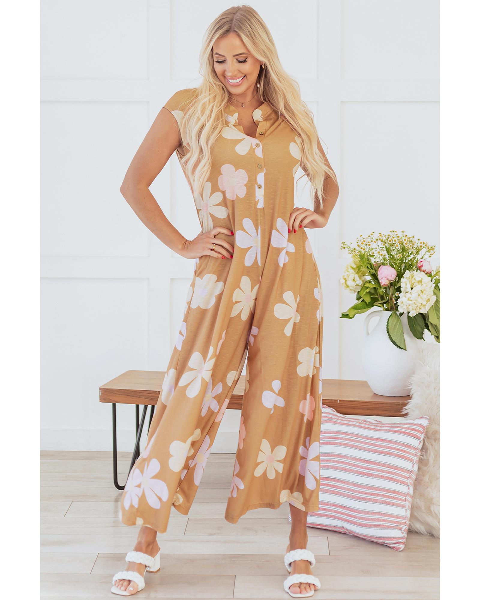 Khaki Floral Print Sleeveless Button up Wide Leg Loose Jumpsuit - S