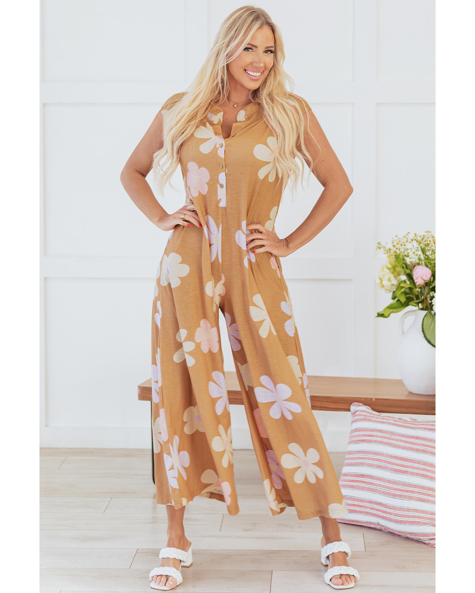 Khaki Floral Print Sleeveless Button up Wide Leg Loose Jumpsuit - XL