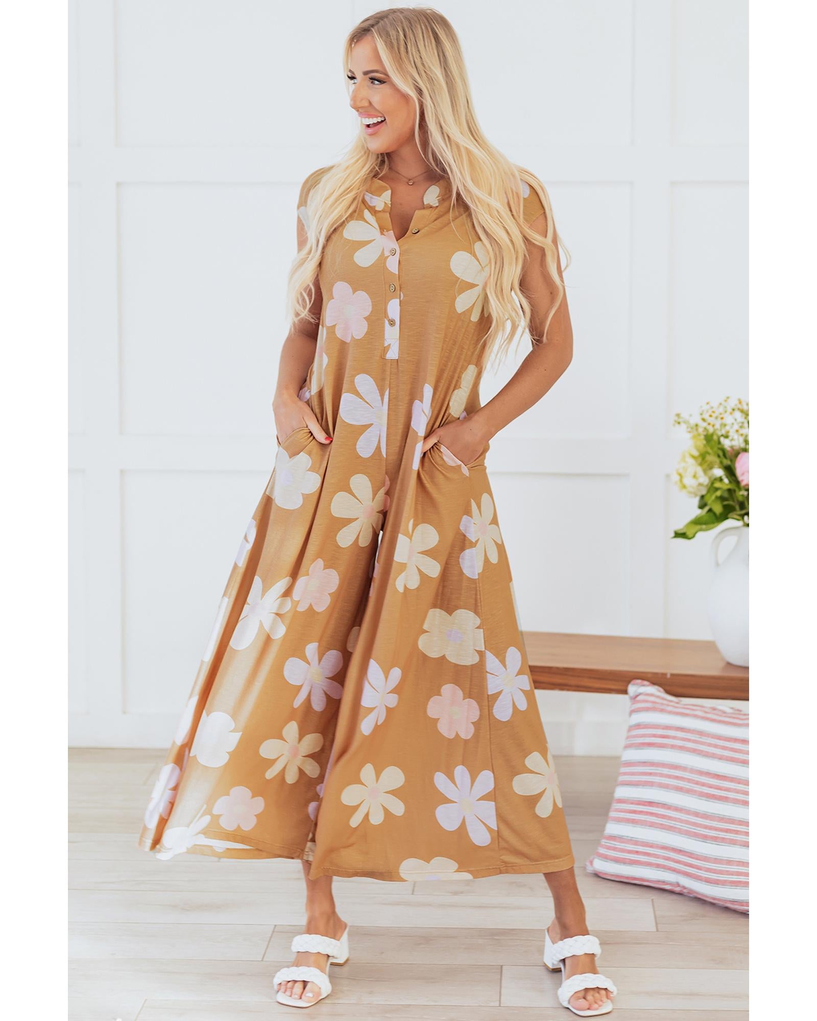 Khaki Floral Print Sleeveless Button up Wide Leg Loose Jumpsuit - XL