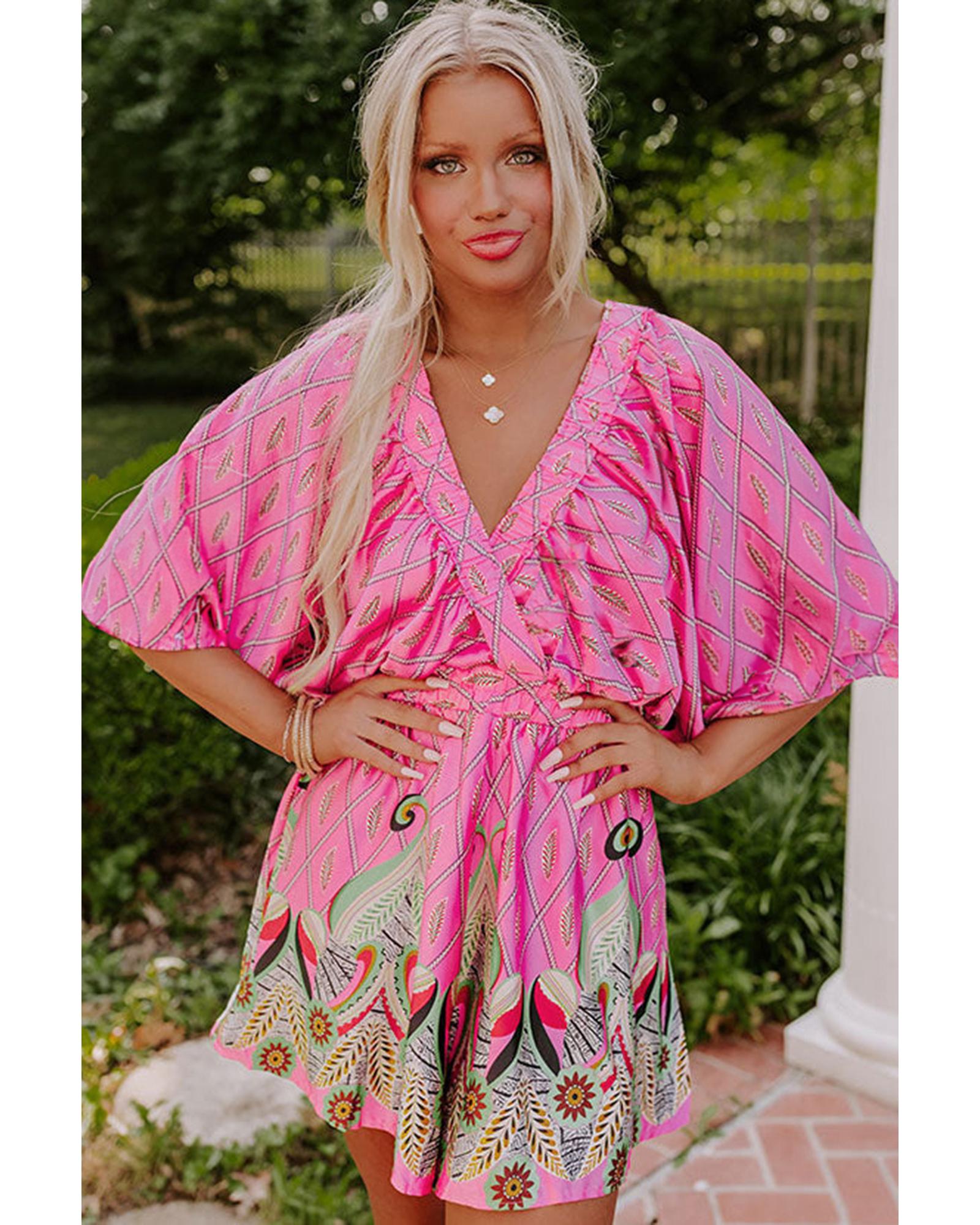 Pink Paisley Geometric Print V Neck High Waist Romper - L