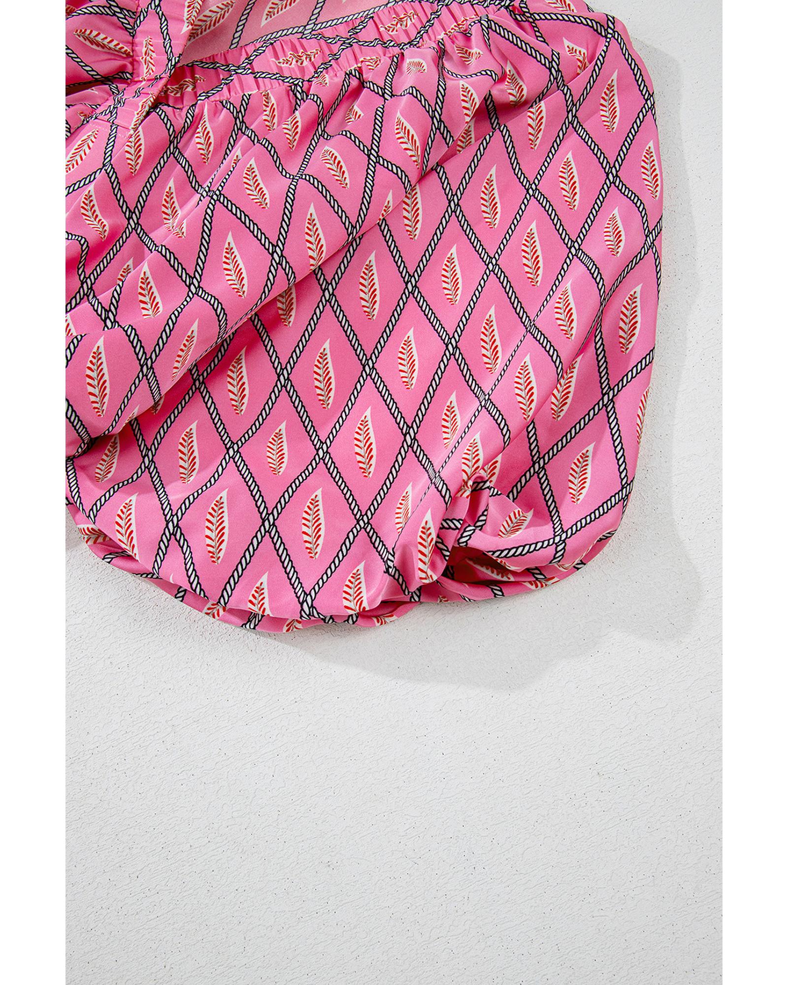 Pink Paisley Geometric Print V Neck High Waist Romper - M