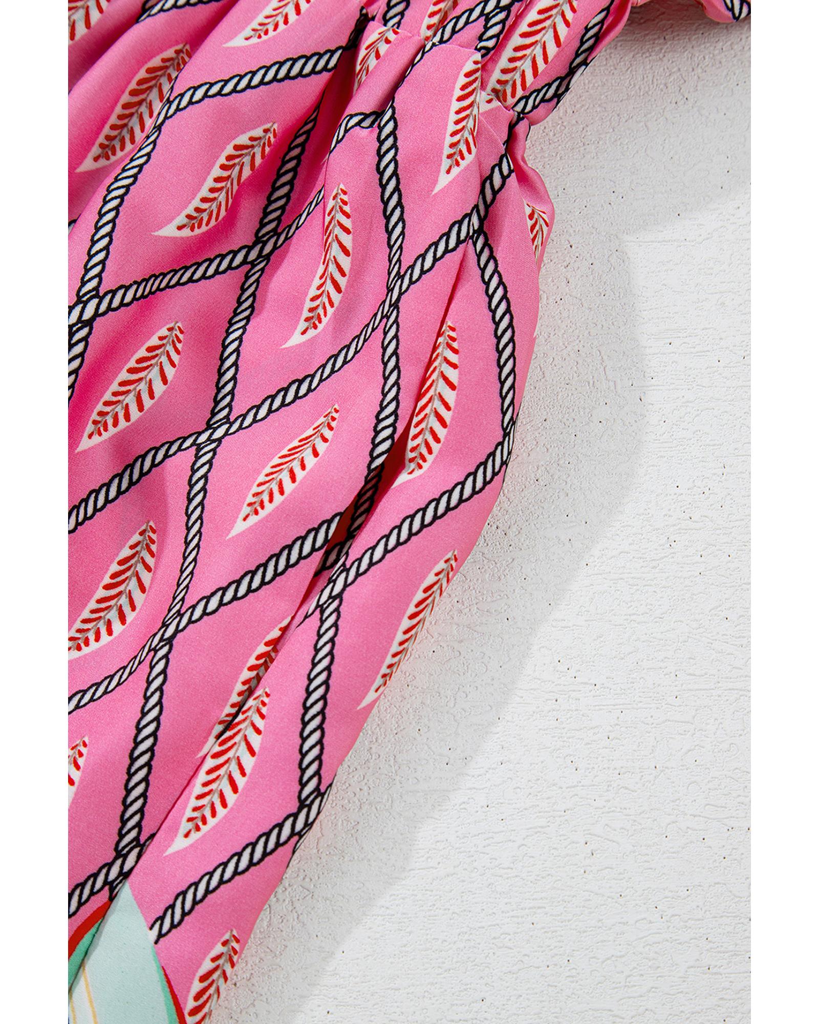 Pink Paisley Geometric Print V Neck High Waist Romper - M