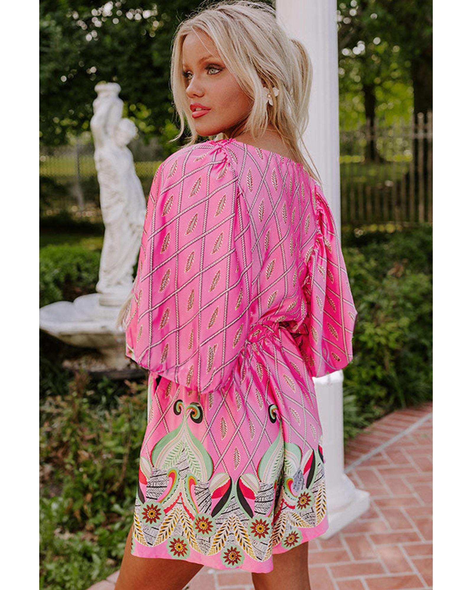 Pink Paisley Geometric Print V Neck High Waist Romper - M