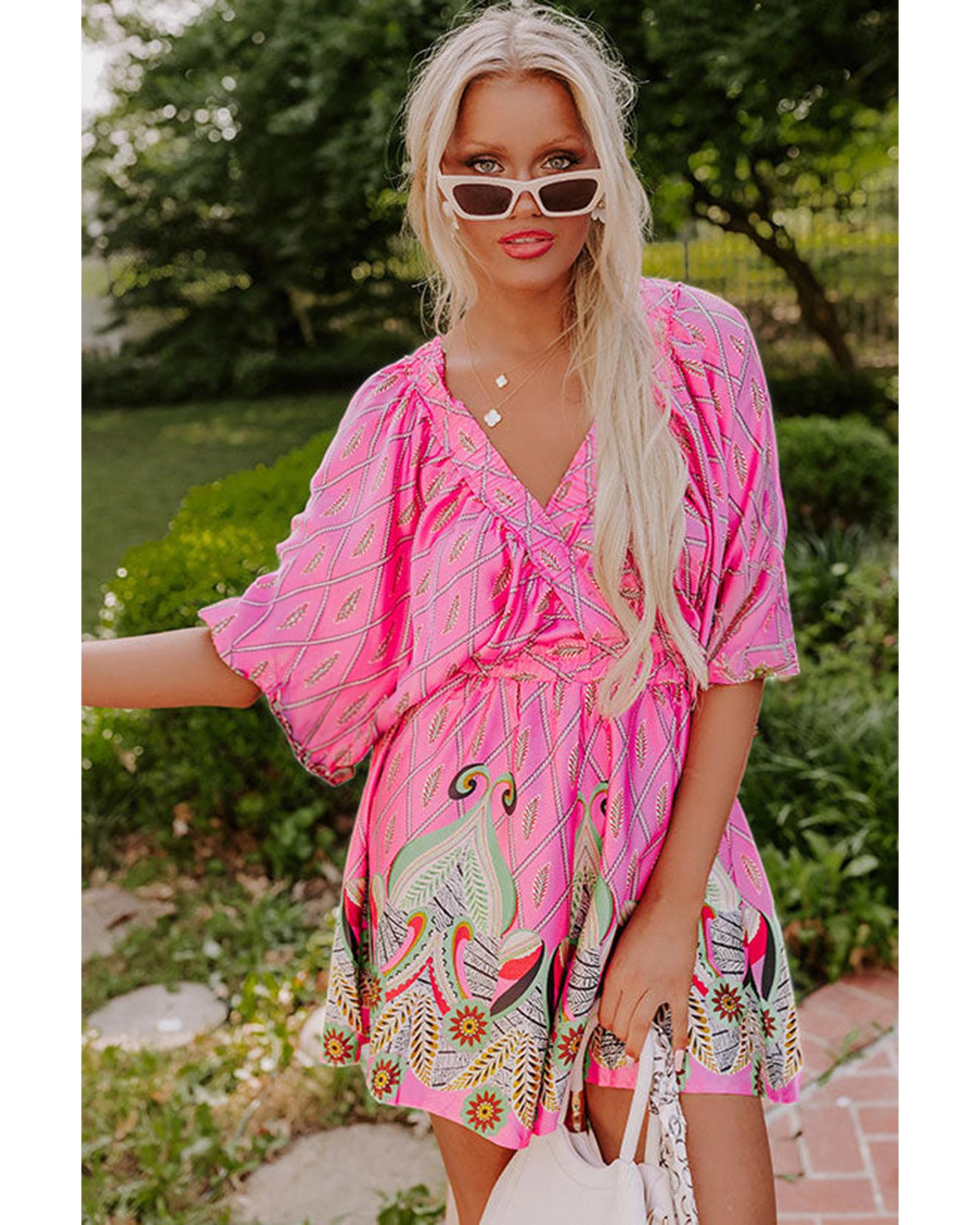 Pink Paisley Geometric Print V Neck High Waist Romper - M