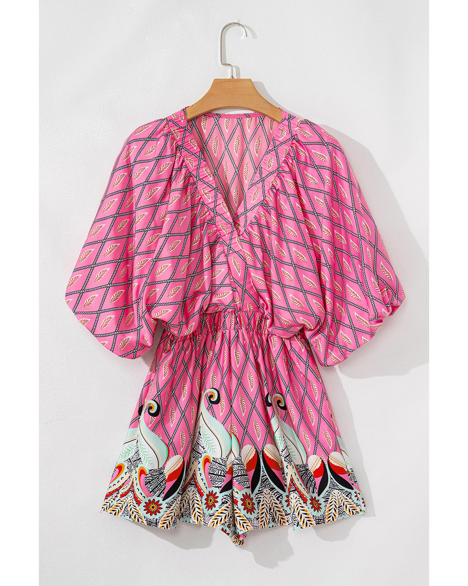 Pink Paisley Geometric Print V Neck High Waist Romper - XL