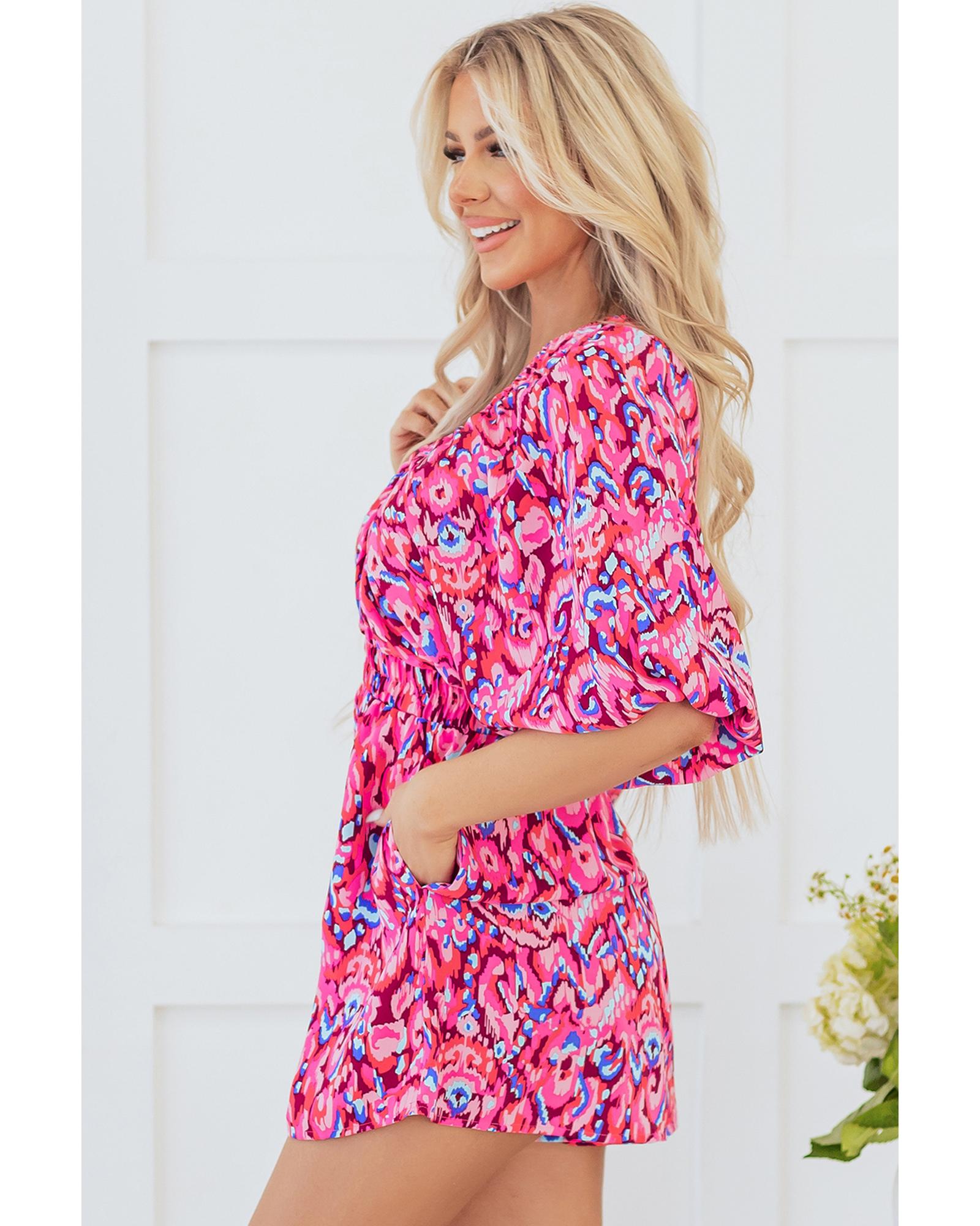 Pink Abstract Print Puff Sleeve V Neck High Waist Romper - L