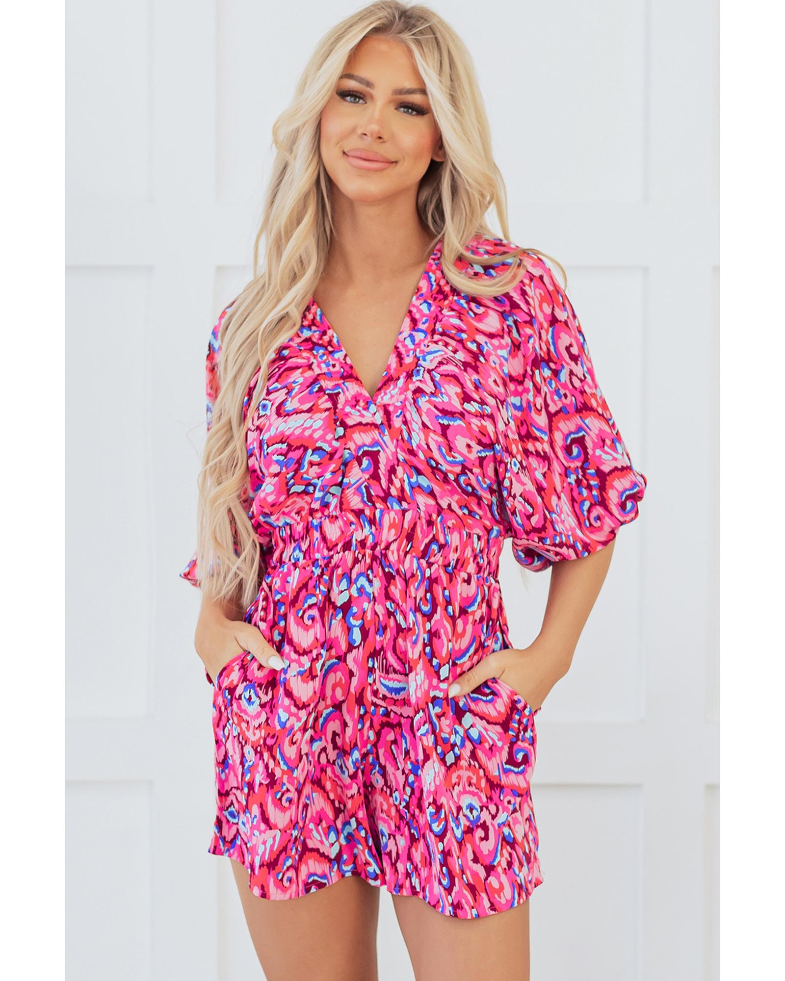 Pink Abstract Print Puff Sleeve V Neck High Waist Romper - L
