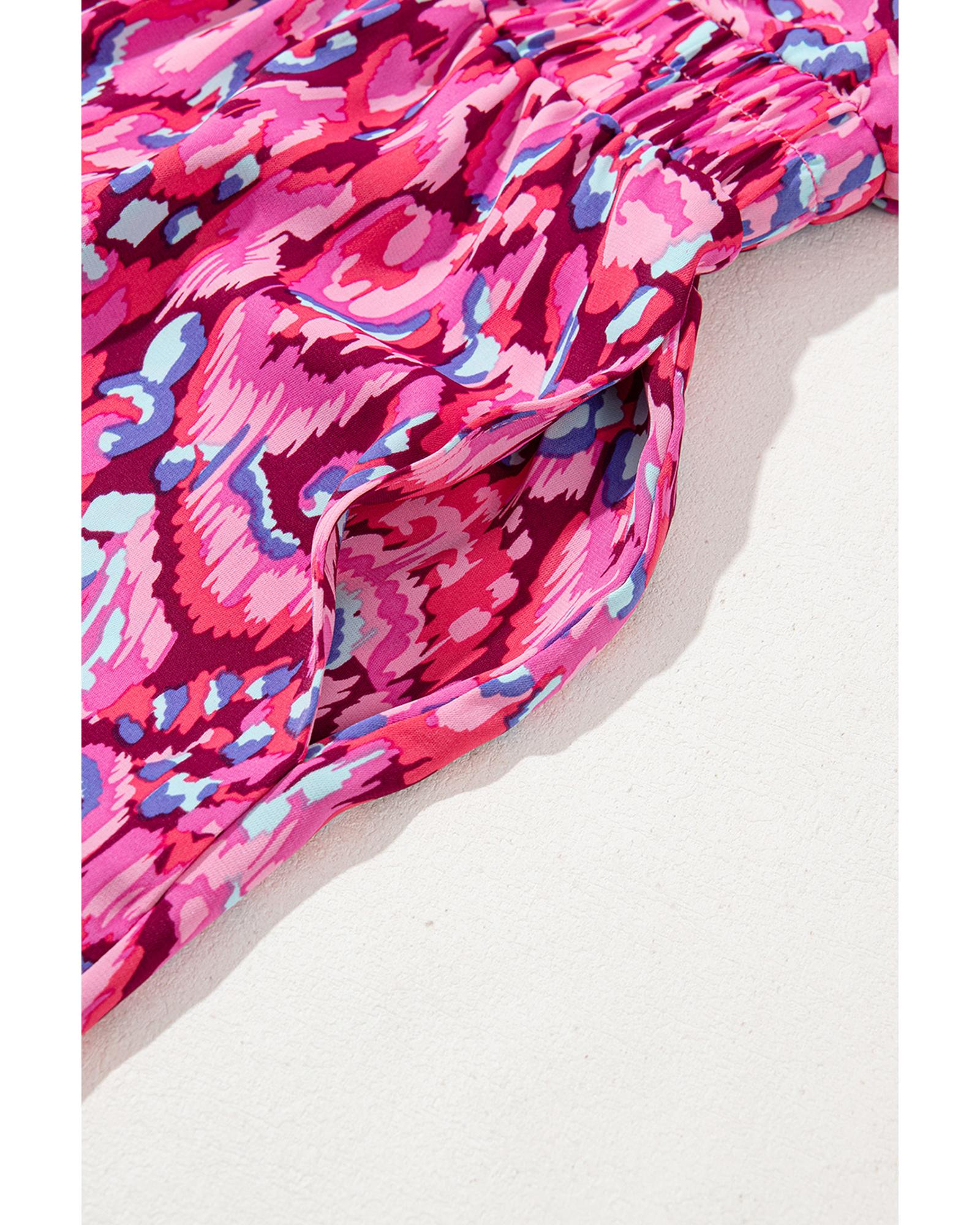 Pink Abstract Print Puff Sleeve V Neck High Waist Romper - L