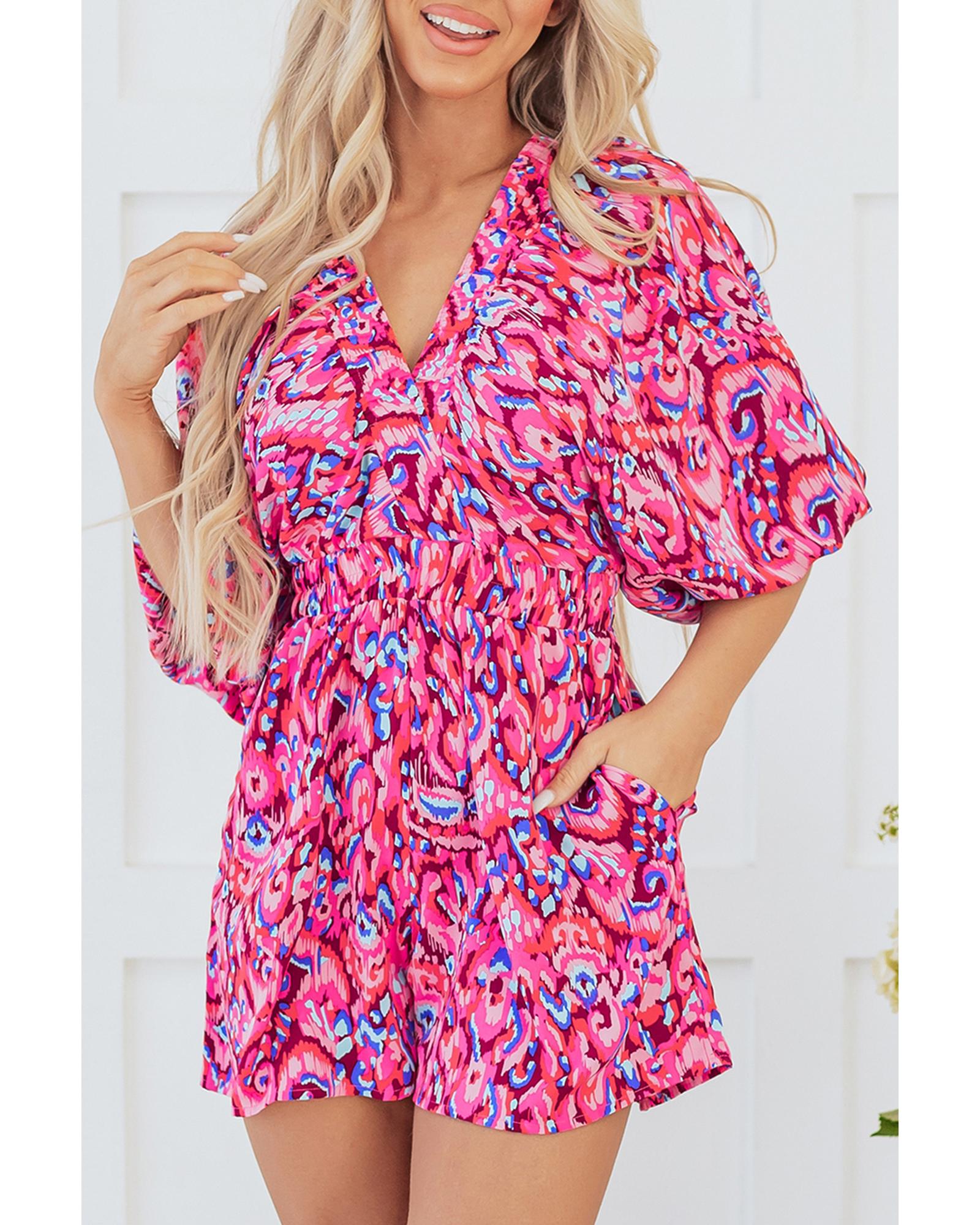 Pink Abstract Print Puff Sleeve V Neck High Waist Romper - L