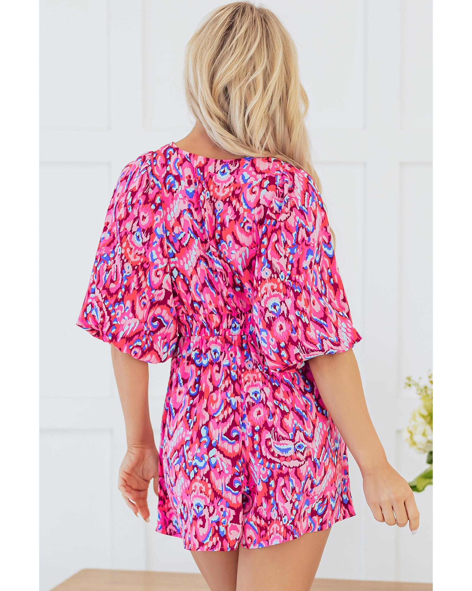 Pink Abstract Print Puff Sleeve V Neck High Waist Romper - M