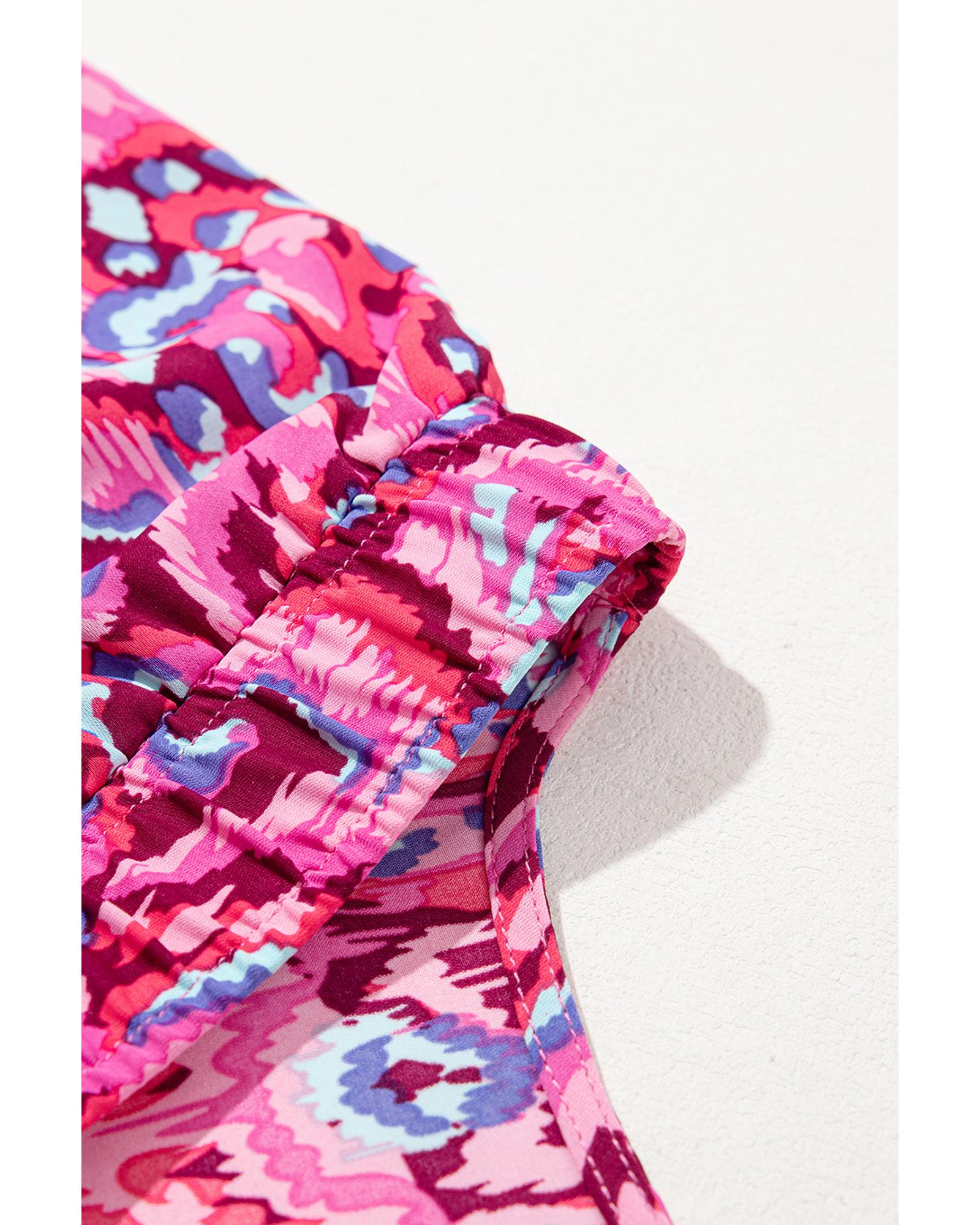 Pink Abstract Print Puff Sleeve V Neck High Waist Romper - S