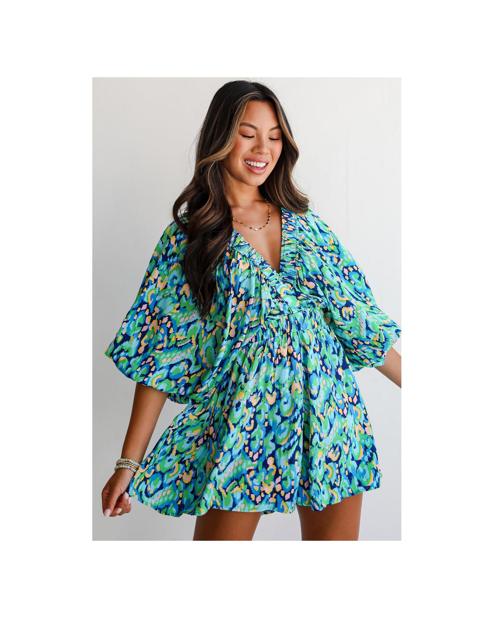 Green Abstract Print Puff Sleeve V Neck High Waist Romper - L