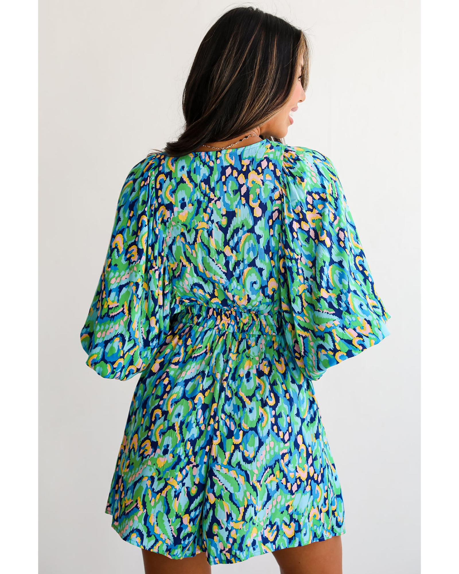 Green Abstract Print Puff Sleeve V Neck High Waist Romper - L